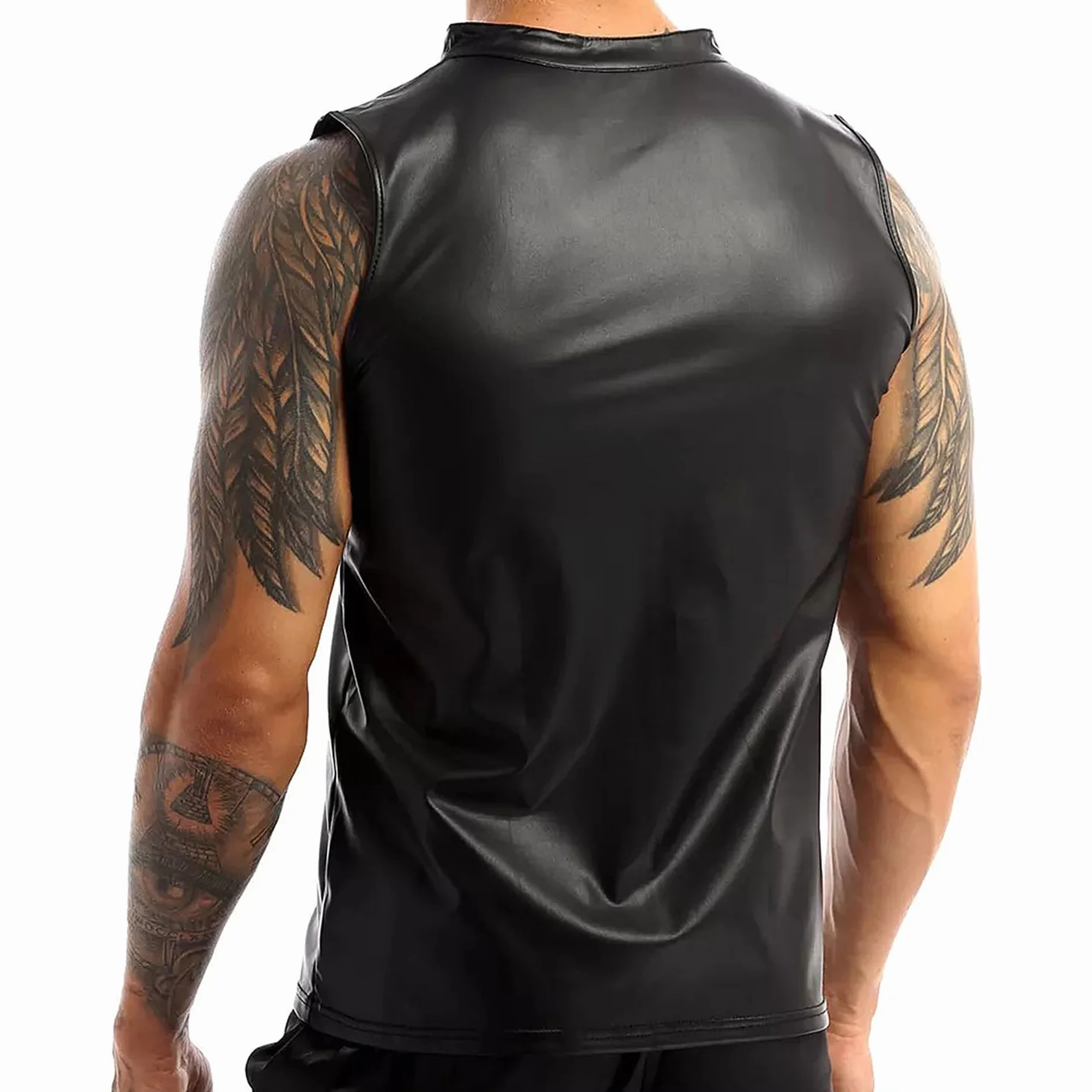 T-shirts en latex pour homme - Similaire au latex - T-shirt pour homme - Noir - Sexy - En cuir mat - Sans manches - Effet mouillé - En cuir verni - Pour homme