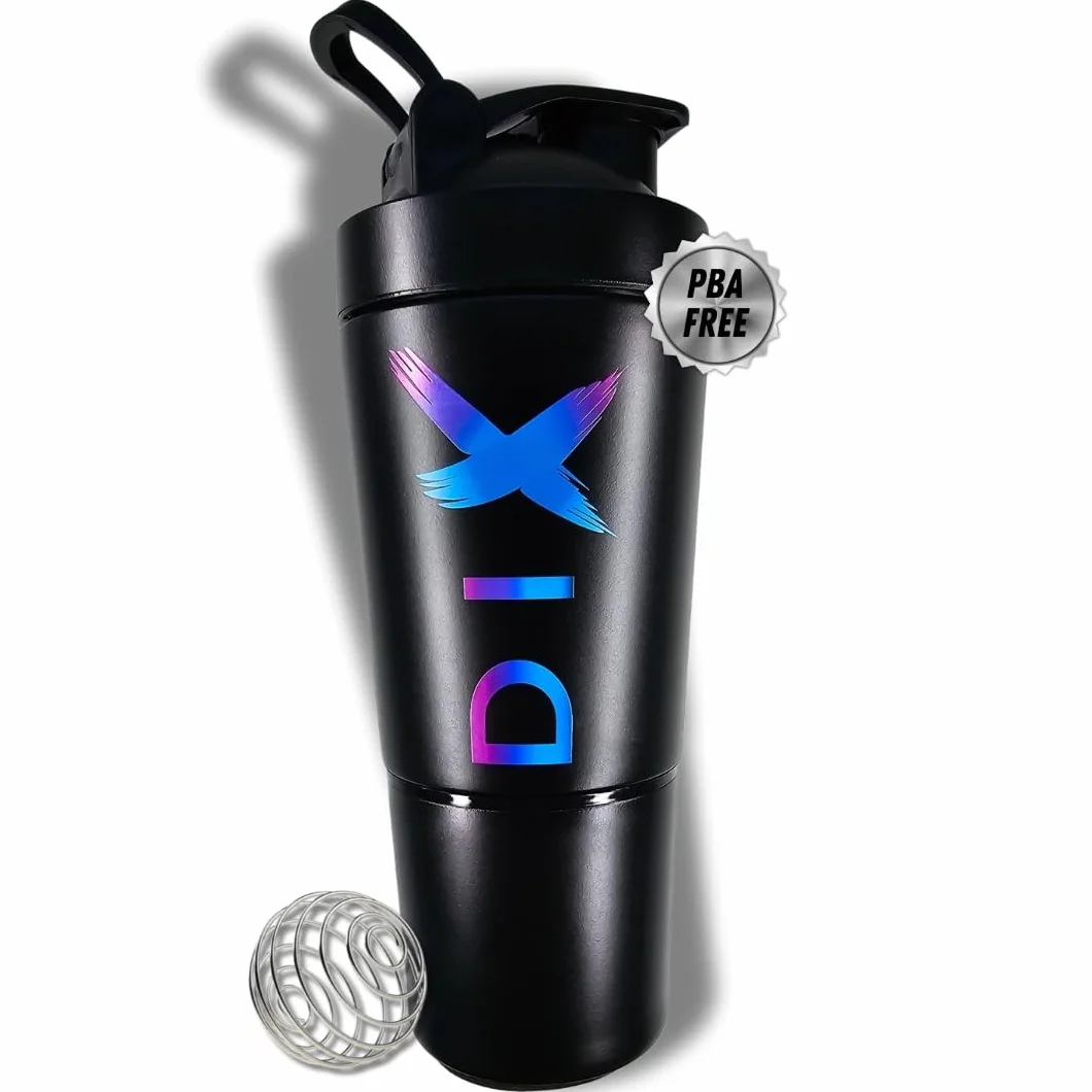 DIX SHAKER proteine 750 ml ✗ En Acier Inoxydable Avec Compartiment 60 gram pour poudre ✗ Bouteille Sport ✗ Sans BPA ✗ (NOIR)