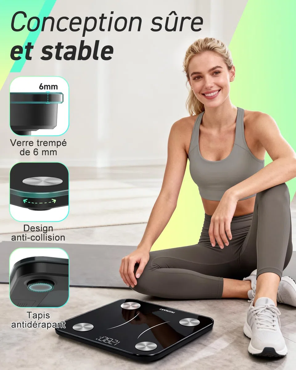 Insmart Balance Pese Personne, Balance Connectée avec apps, Pese Personnes mesure de la balance 16 données corporelles (IMC/graisse corporelle/BMR/muscle, etc.), affichage LED, très précis