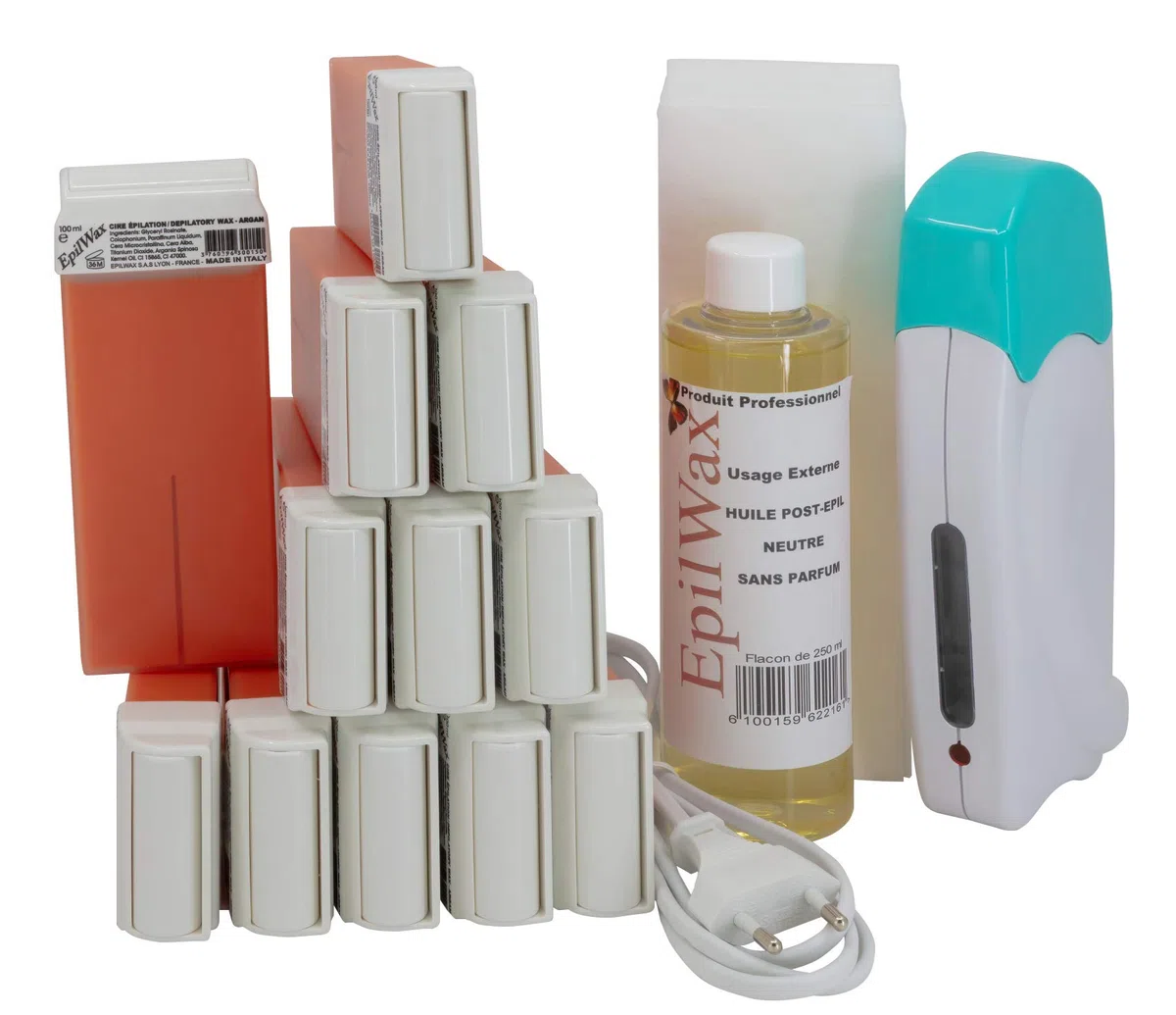 EpilWax - Kit Chauffe Cire Épilation Professionnelle avec 12 x Recharges Roll on Cire à l'Argan, 100 x Bandes d'Épilation et Huile après Épilation - Gamme Solo