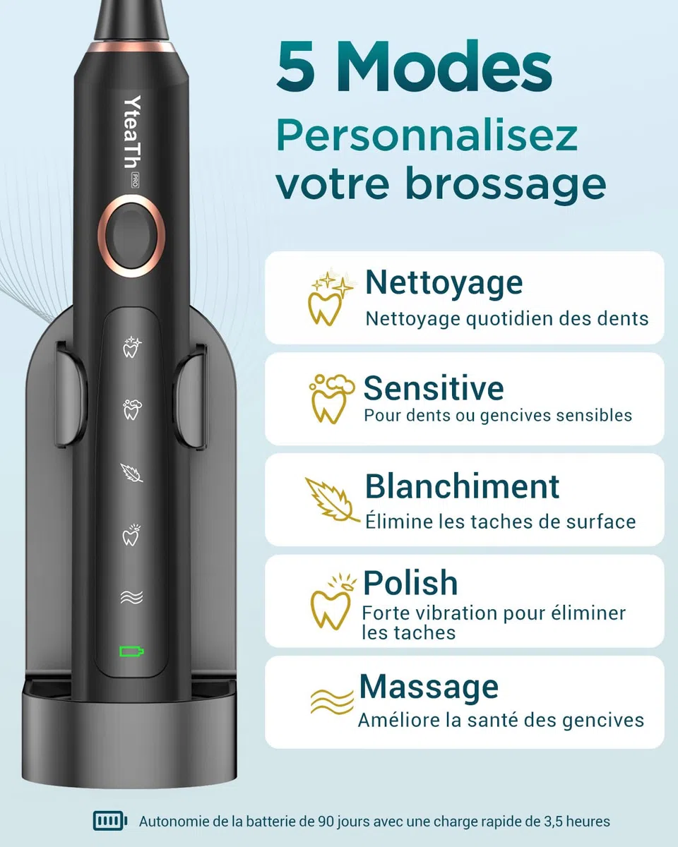 Brosse À Dent Électrique Soniques pour Adultes - Brosse A Dent Sonique avec 8 Têtes de Brosse et Étui de Voyage, 5 Modes, Étanche IPX7, Brosse A Dent Electrique de Voyage Rechargeable, Noir