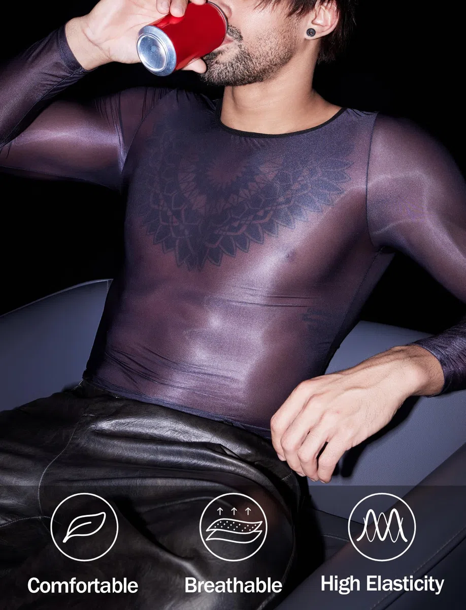 AIEOE Haut Transparent Homme T-Shirt Sexy en Maille Manches Longues sous-vêtement Respirant Clubwear Taille Unique S-M