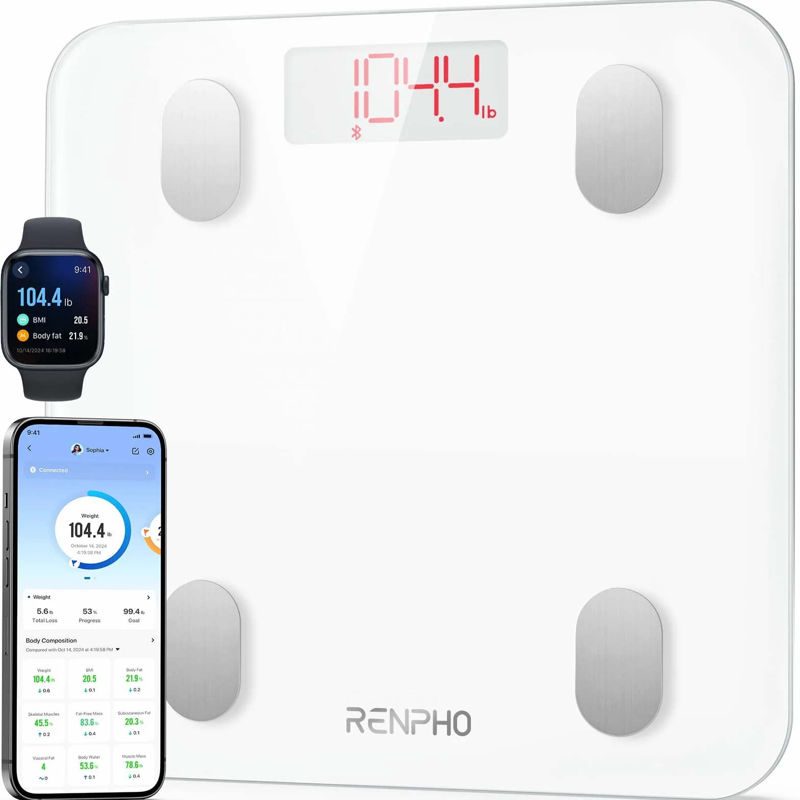 RENPHO Balance Pèse Personne de Haute Précision 400lbs, Balance Connecté Bluetooth Pese Personnes Impédancemètre avec App, 13 Analyses de la Composition Corporelle, Piles incluses