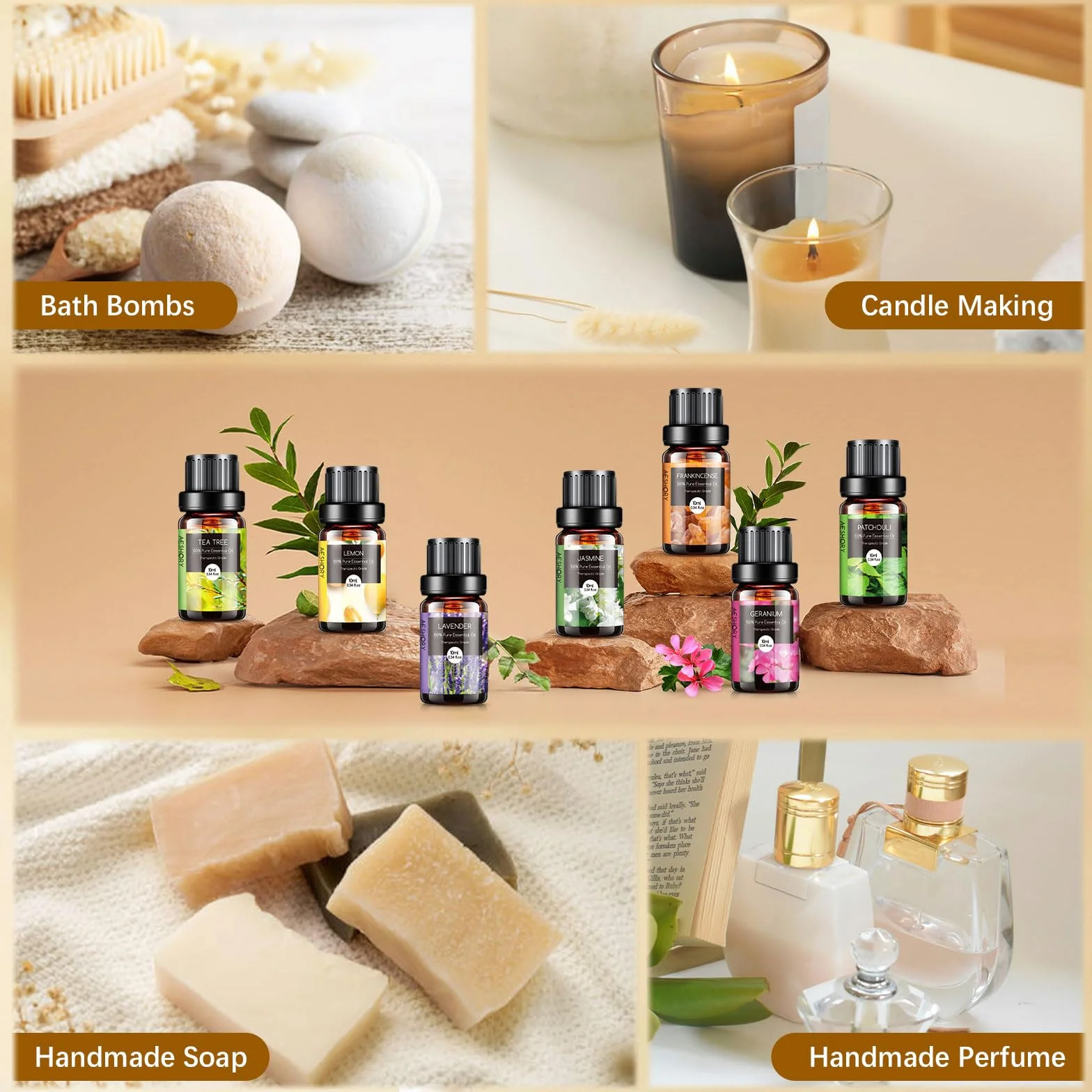 AESHORY Kit Huiles Essentielles 20 X 10ML, Huiles Essentielles Naturelle Aromathérapie pour Diffuseurs, pour SPA, Massage, Idéal Cadeaux Faits Main pour Fêtes - Citron, Rose, Bois de Santal, Jasmin