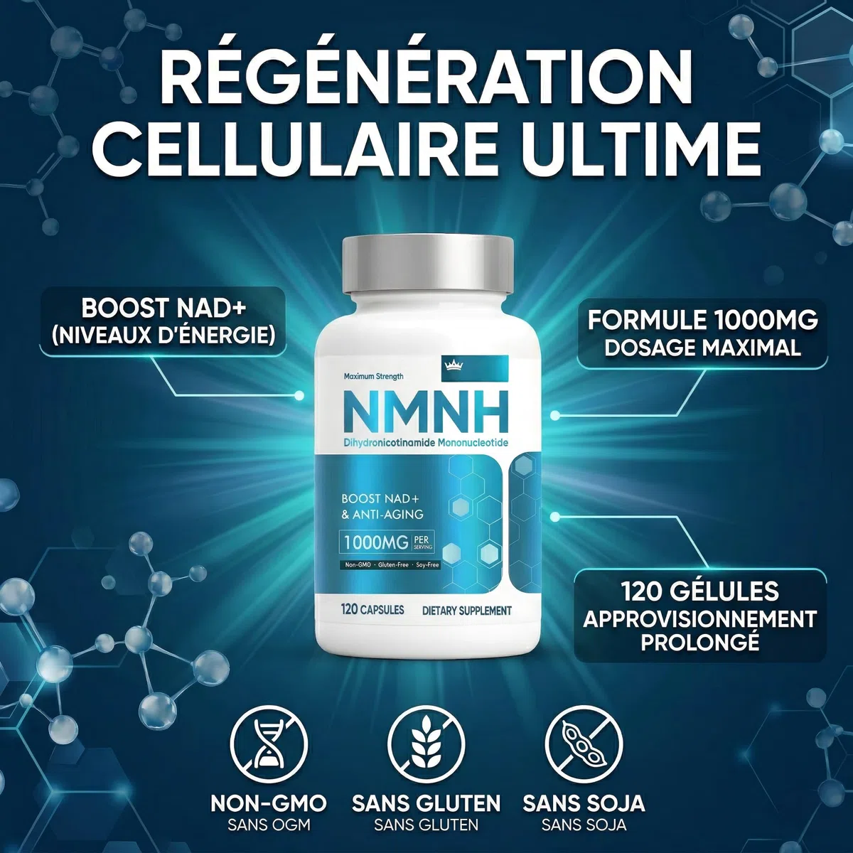 NMNH 1000mg Par Portion, Anti Âge Et Énergie Cellulaire, 120 Gélules Resvératrol Supplément NAD+