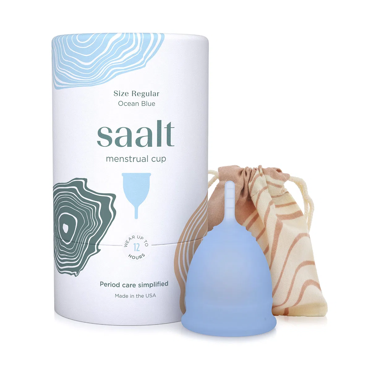 Coupe menstruelle réutilisable Saalt – Protection confortable et sans fuite jusqu'à 12 heures – Sans BPA ni latex – Comprend une coupe et un sac de transport - taille Régulier, Bleu