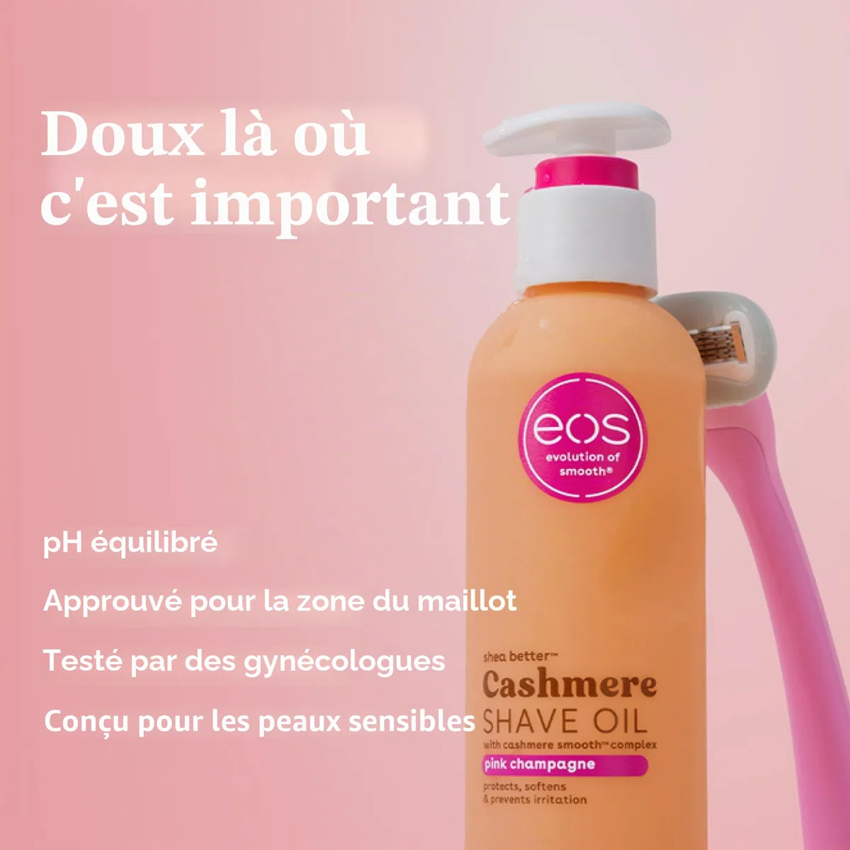eos Cashmere Shave Oil - Huile de rasage hydratante rose champagne - Avec beurre de karité et glycérine - Pour peaux sensibles - 177 ml / 6 fl oz