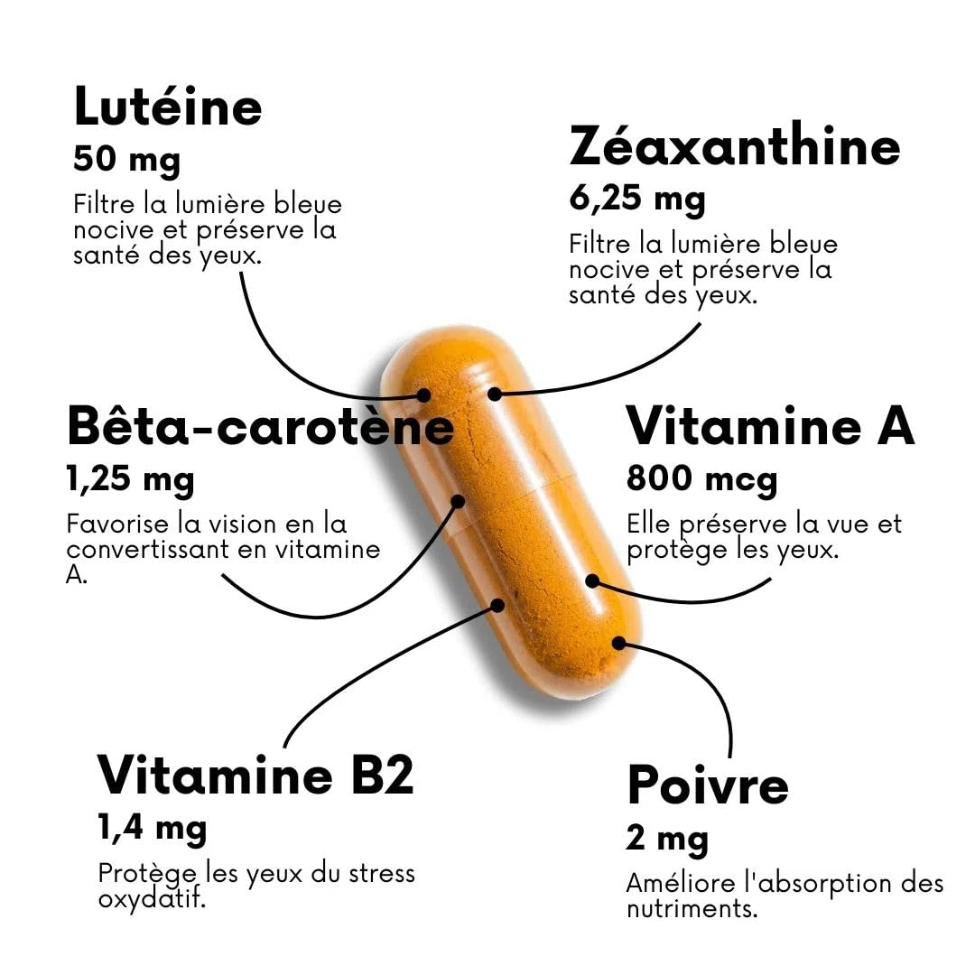 Lutéine 50 mg avec zéaxanthine, bêta-carotène, vitamines A & B2, pipérine | 180 gélules | Santé des yeux & protection contre la lumière bleue | Sans OGM & sans gluten | par nutrive pharma