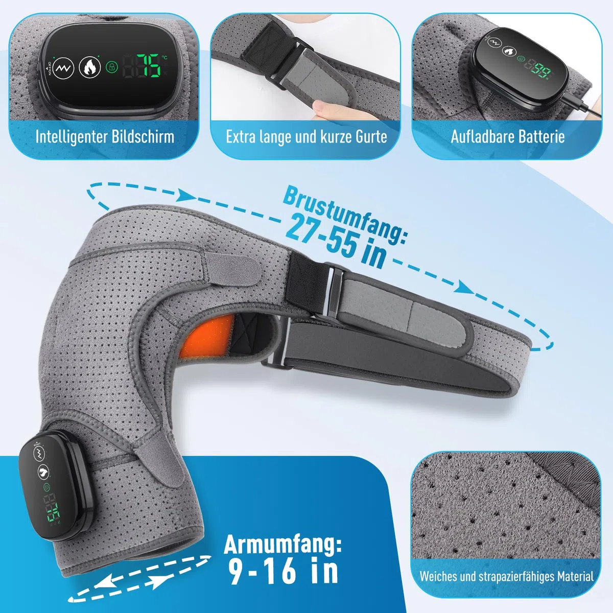 Coussin de Massage Chauffant Sans Fil pour Épaule, Attelle Chauffante avec 3 Niveaux de Chaleur et 3 Modes de Vibration, Écran Tactile, Batterie 5000mAh - Pour Épaule Gauche/Droite, Femme et Homme