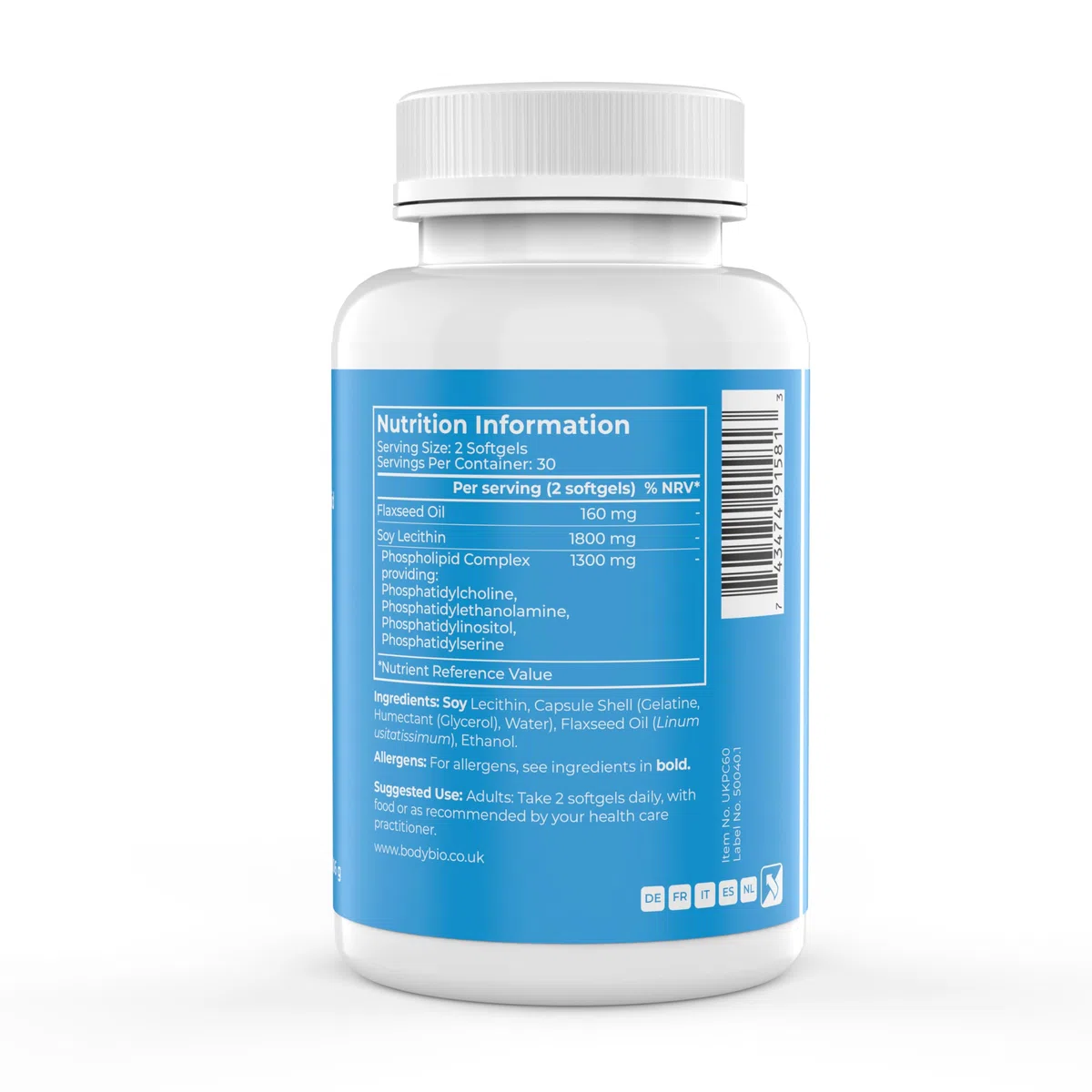 BodyBio PC - Complexe de Phospholipides avec Phosphatidylserine - Clarté Mentale, Memoire et Concentration - Complement Alimentaire Cerveau et Détox Douce - 60 Gélules