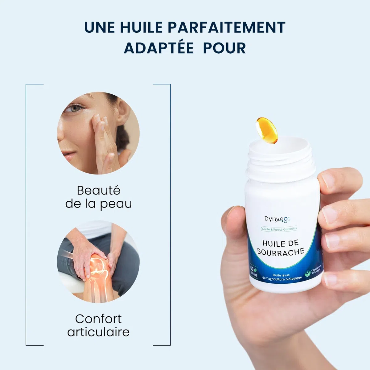 Huile de bourrache bio pure – huile de bourrache certifiée sans carraghénane et sans gélatine – 20% Acide gamma linolénique – 60 capsules (1mois)