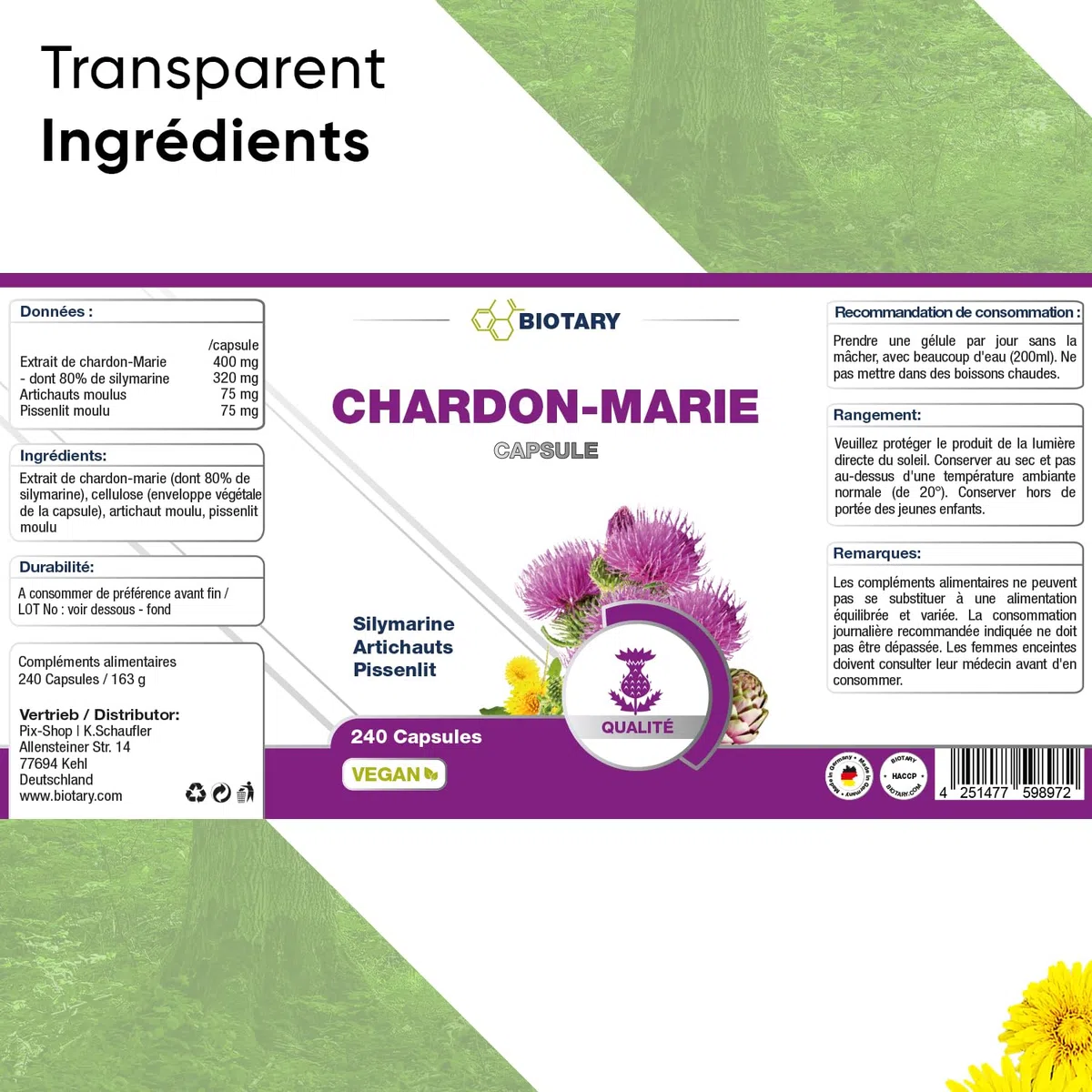 Chardon-Marie 240 Gélules avec Extrait à 80% de Silymarine Artichaut et Pissenlit Pilulier Inclus Réserve de 8 Mois 100% Végan Formule Pure Qualité Contrôlée