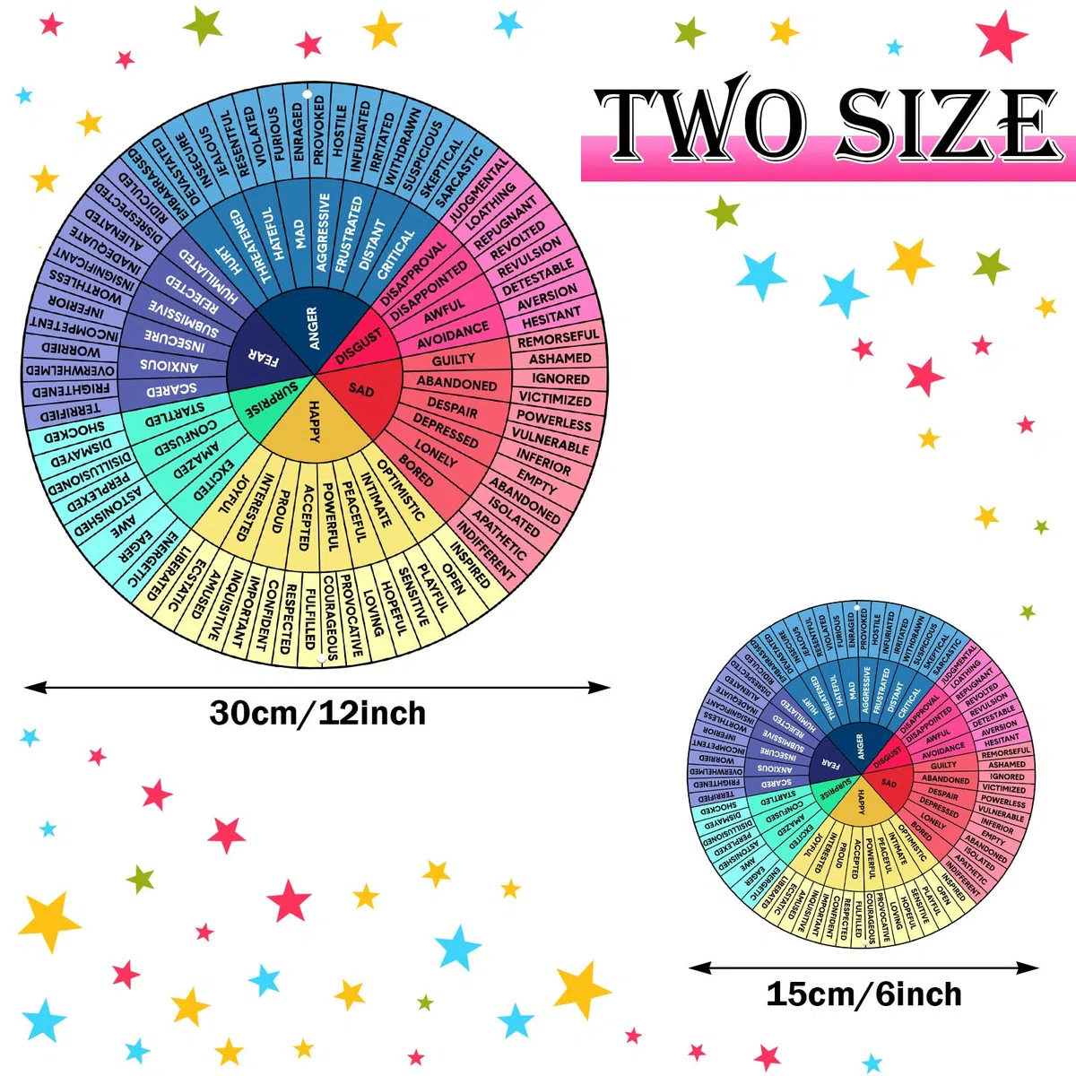 Feelings Wheel Lot de 2 roues rondes en aluminium pour thérapie d'humeur, émotions et émotions - Pour bureau, école, décoration murale, 30,5 cm