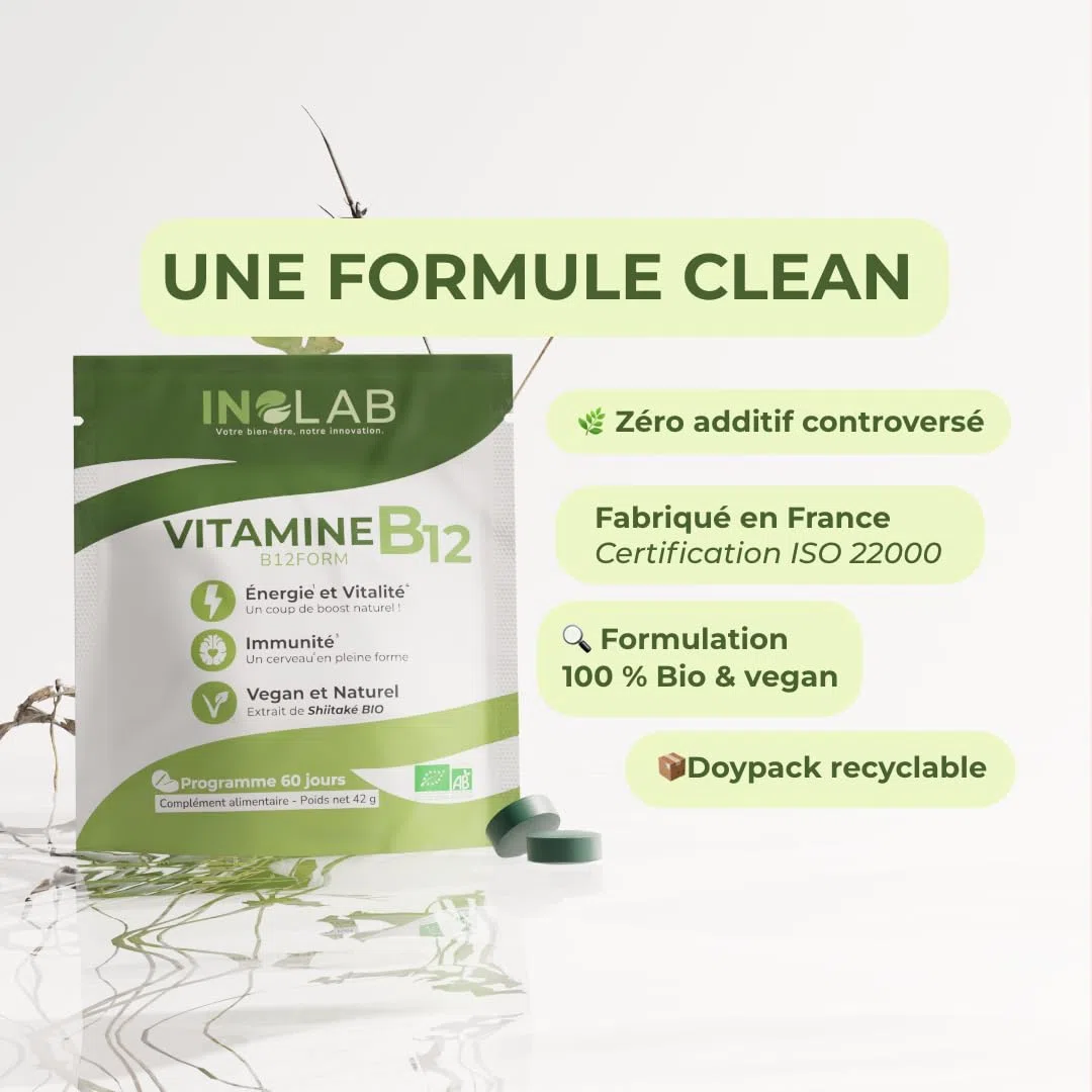 INOLAB VITAMINE B12 - Biologique, Vegan/Extrait de Shiitaké Bio/Methylcobalamine, Adénosylcobalamine & Hydroxocobalamine/B12FORM Haute biodisponibilité