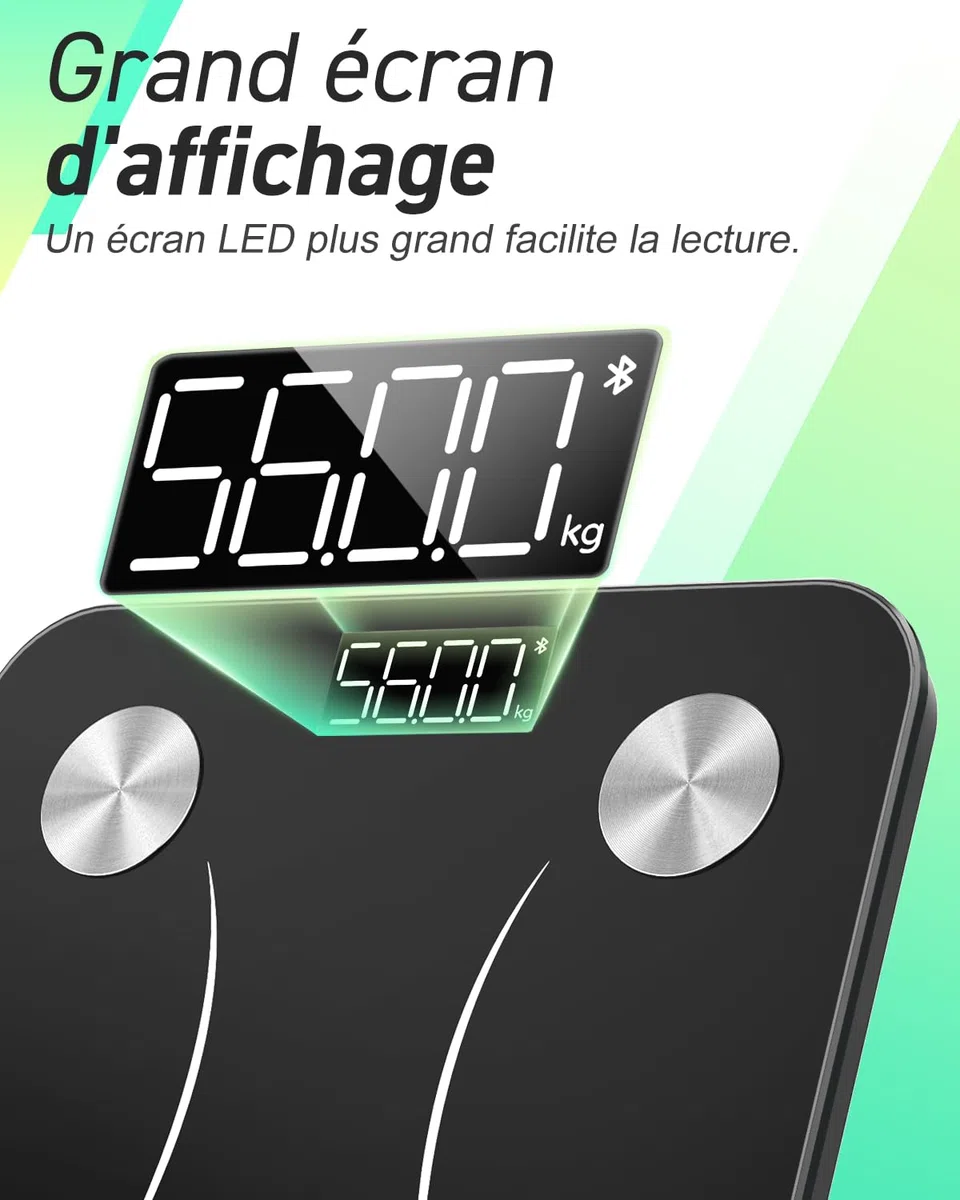 Insmart Balance Pese Personne, Balance Connectée avec apps, Pese Personnes mesure de la balance 16 données corporelles (IMC/graisse corporelle/BMR/muscle, etc.), affichage LED, très précis