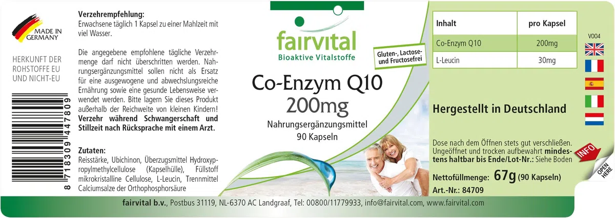 fairvital Coenzyme Q10 200mg, 90 gélules, HAUTEMENT DOSÉ, gélules de CoQ10 ubiquinone, VÉGÉTALIEN