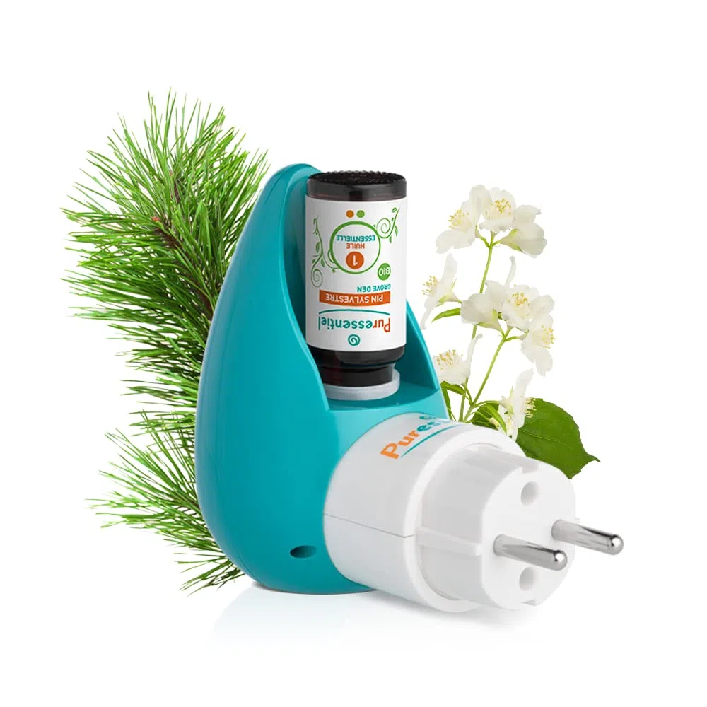 Puressentiel - Diffuseur d'huiles essentielles à ultrasons - Clip et diffuseur - Diffuseur d'aromathérapie Rotatif et à poignée silencieuse - sans Eau, LED,Blanc et Bleu