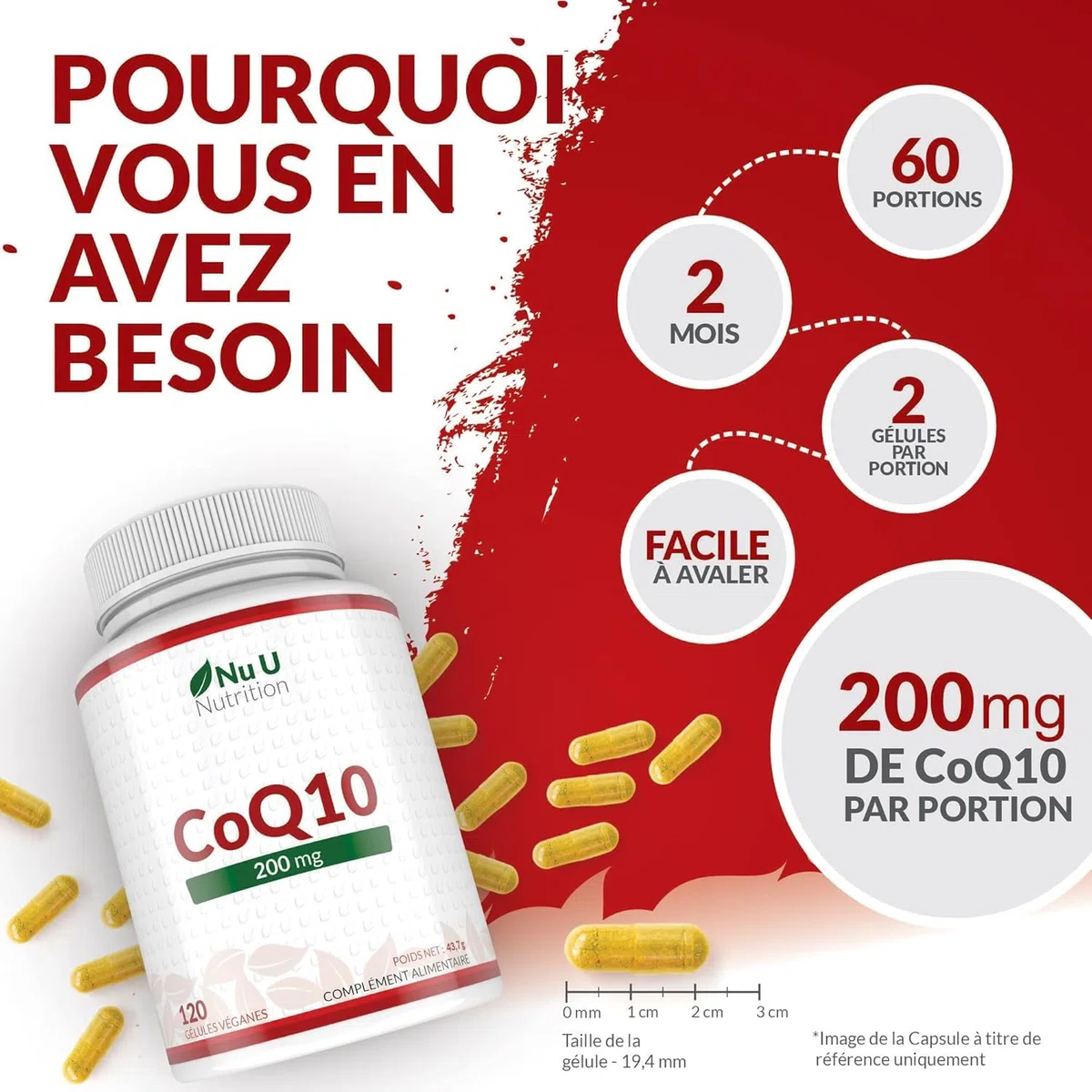 Coenzyme Q10 200mg – 120 Gélules Véganes – 2 Mois d’Approvisionnement – 100mg de CoQ10 par Gélule – 100% Ubiquinone Pure Fermentée Naturellement – Fabriqué en Europe – Nu U Nutrition