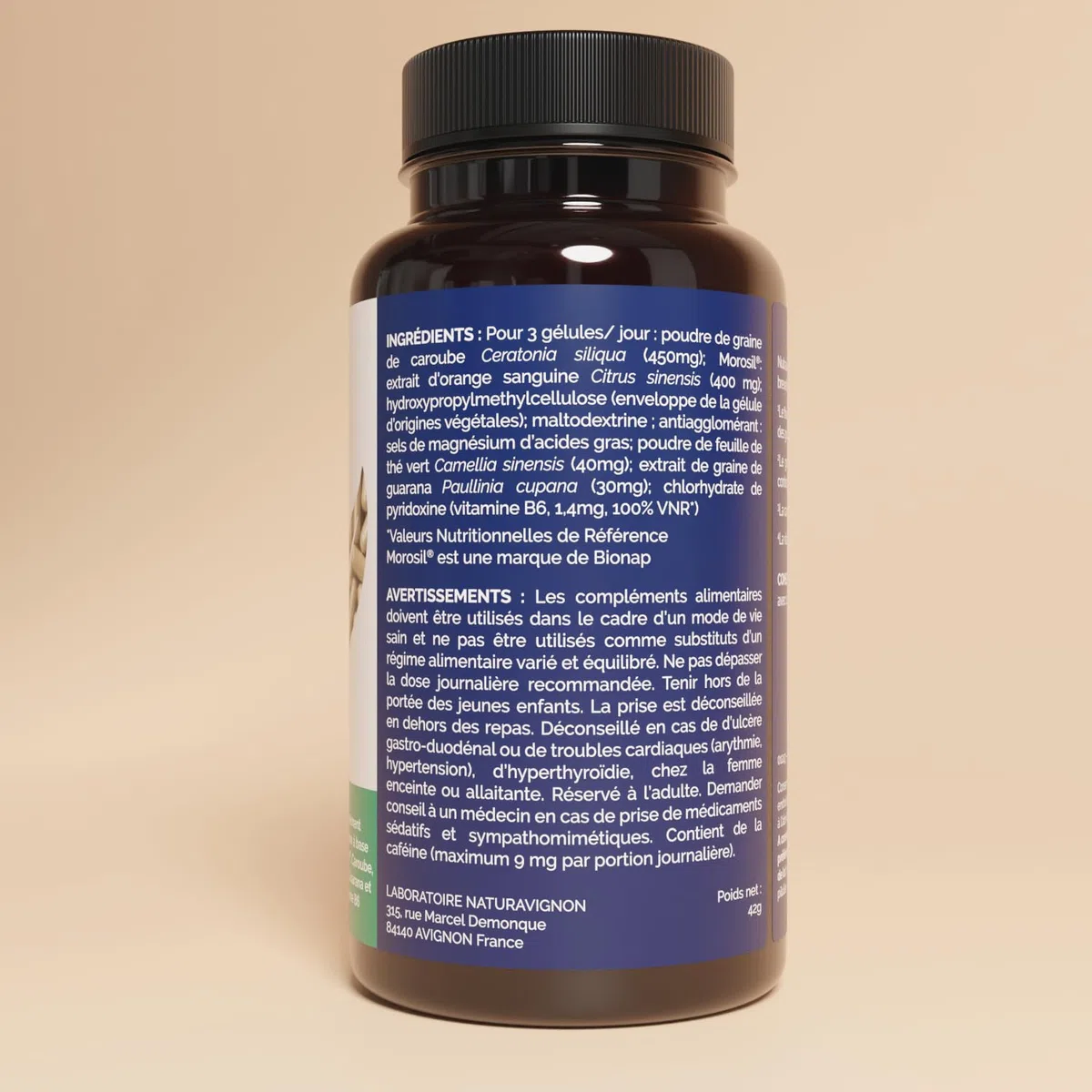 NaturAvignon Morosil 400 | Soutien du métabolisme des graisses | Contrôle du poids | Aide coupe-faim | Morosil, Guarana, Thé Vert, Caroube | 90 gélules minceur efficace