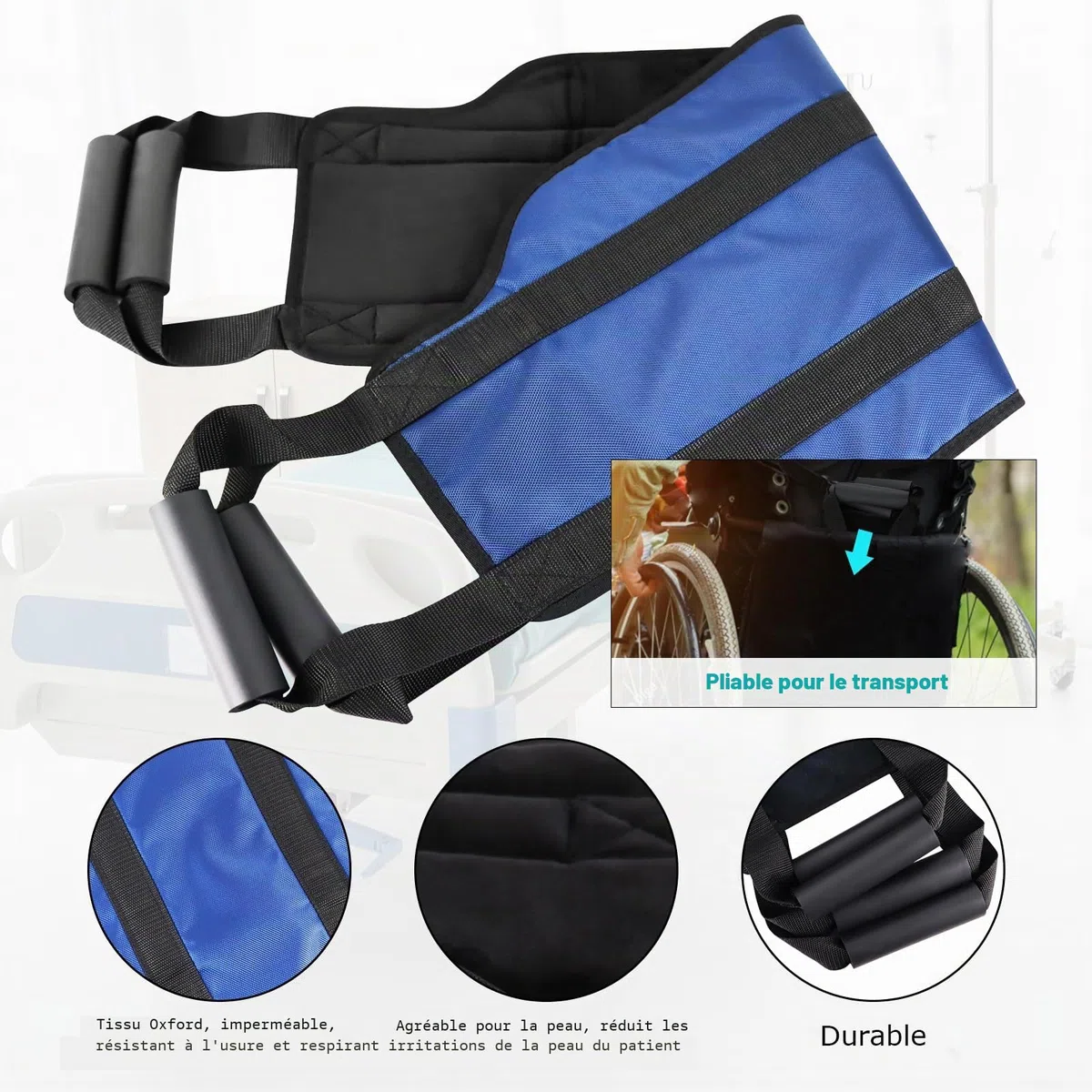 LOSCHEN Sangle de transfert de 110 cm, pour personnes handicapées, personnes âgées, gériatriques, blessées, en toute sécurité, en voiture, fauteuil roulant, lit (bleu, extra large)