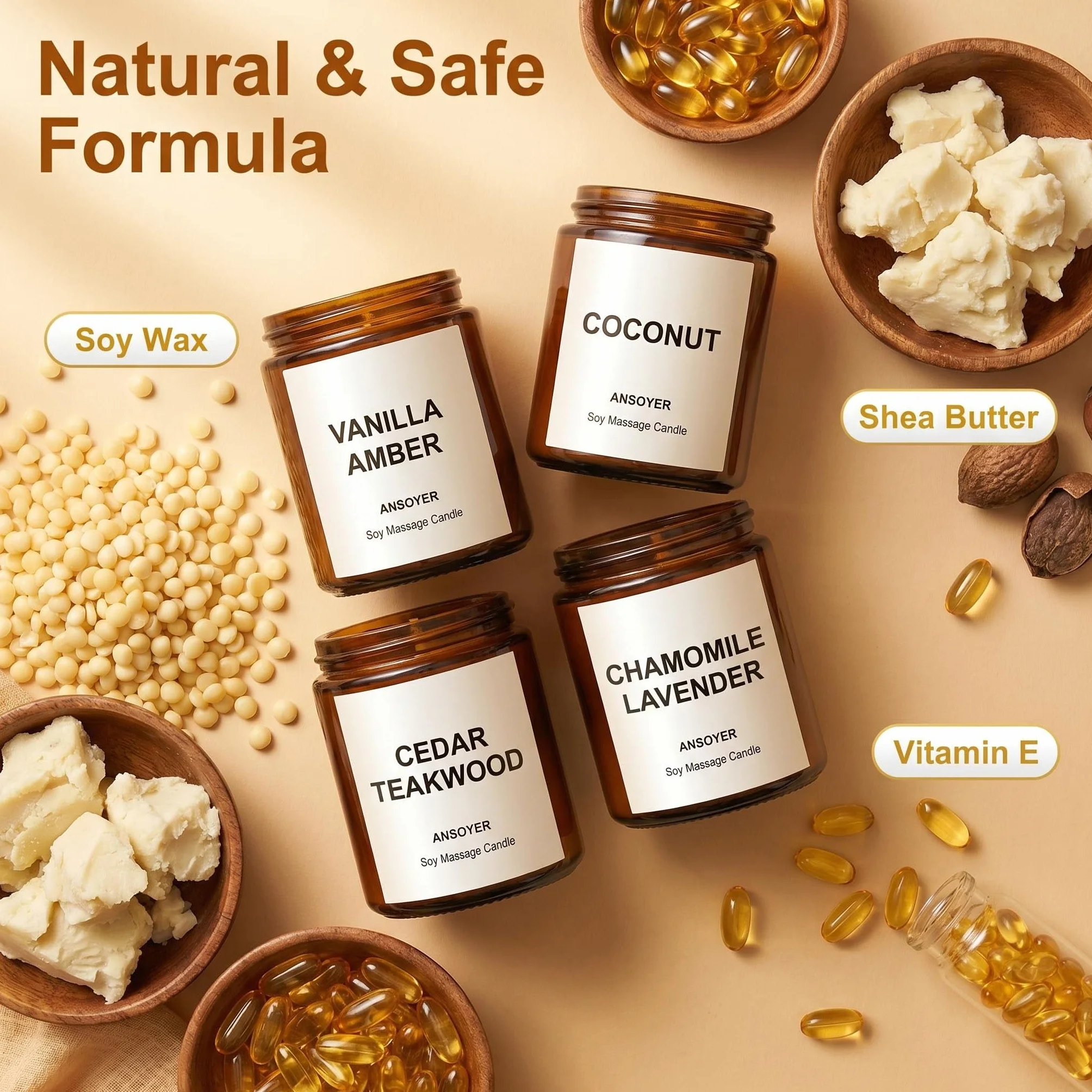 4Pcs x 128g, Ansoyer Bougie de massage, cire de soja naturel, pour un poids total de 512 g (Vanille Ambre + Noix de coco + Bois de teck de cèdre + Camomille lavande)