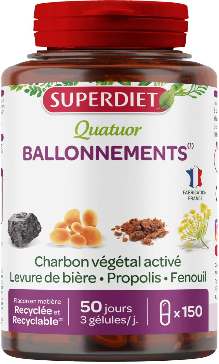 SUPERDIET - QUATUOR BALLONNEMENTS - Charbon végétal activé, Levure de bière, Propolis, Fenouil – Fabrication Française – 150 gélules