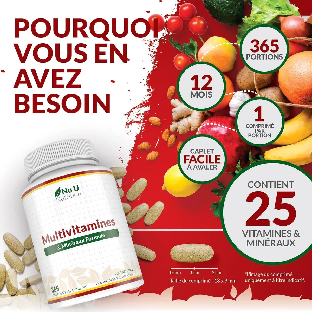 Multivitamines et Minéraux - 365 Comprimés (12 Mois) - 25 Nutriments dont Vit A B C D Fer Zinc Magnesium - Complément Alimentaire Homme et Femme - Vitamines, Minéraux et Compléments - Nu U Nutrition