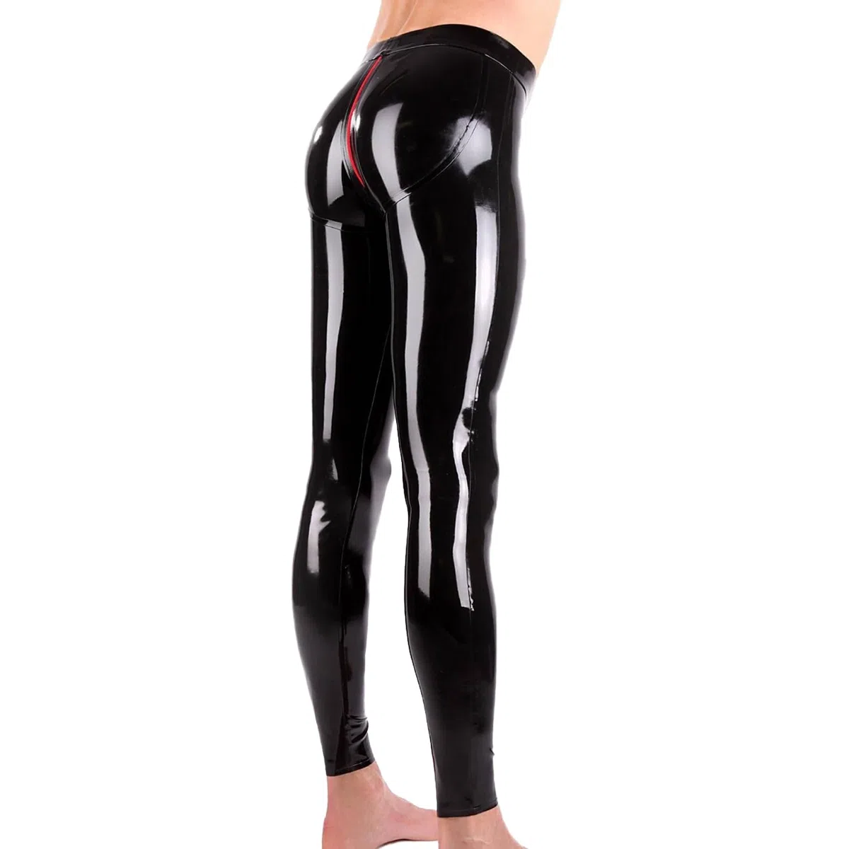 IOKUKI Leggings en Latex pour Hommes,Pantalons en Latex Noirs avec Fermeture éclair Rouge à l'entrejambe