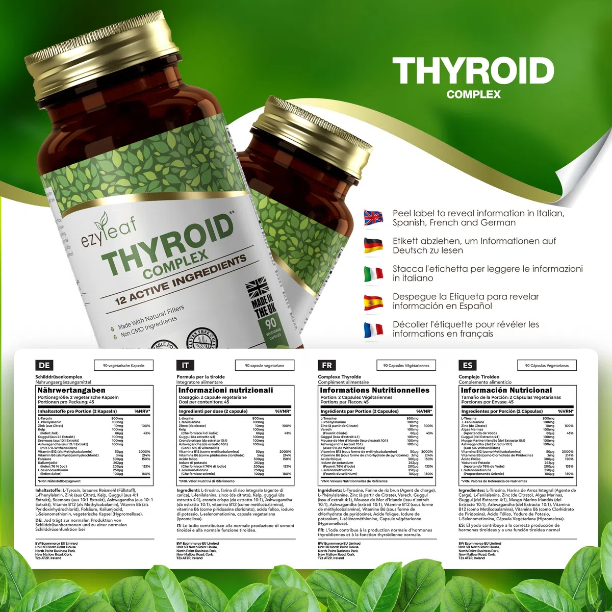 Ezyleaf Complexe Thyroïdien | Supplement Soutien Thyroïdien L Tyrosine Ashwagandha Phenylalanine Iode Zinc Varech Mousse de mer Iodure de Potassium Guggul Selenium | 90 Capsules | Certifié ISO au UK