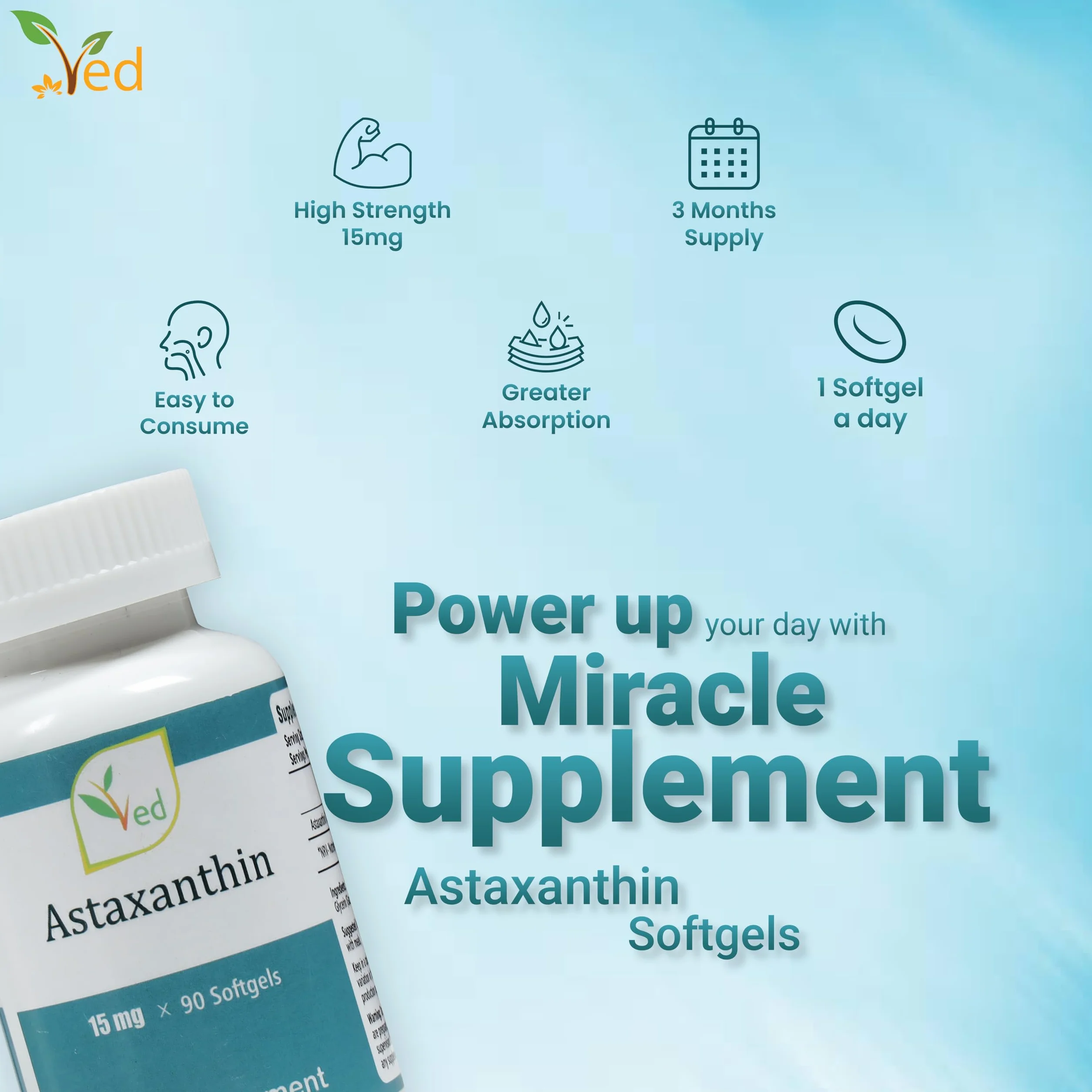 Capsules d'astaxanthine Ved | Soutenir un système immunitaire sain | Soutenir la santé des articulations et des tendons | 15mg 90 Gélules Antioxydant Anti-Radiaire Libre