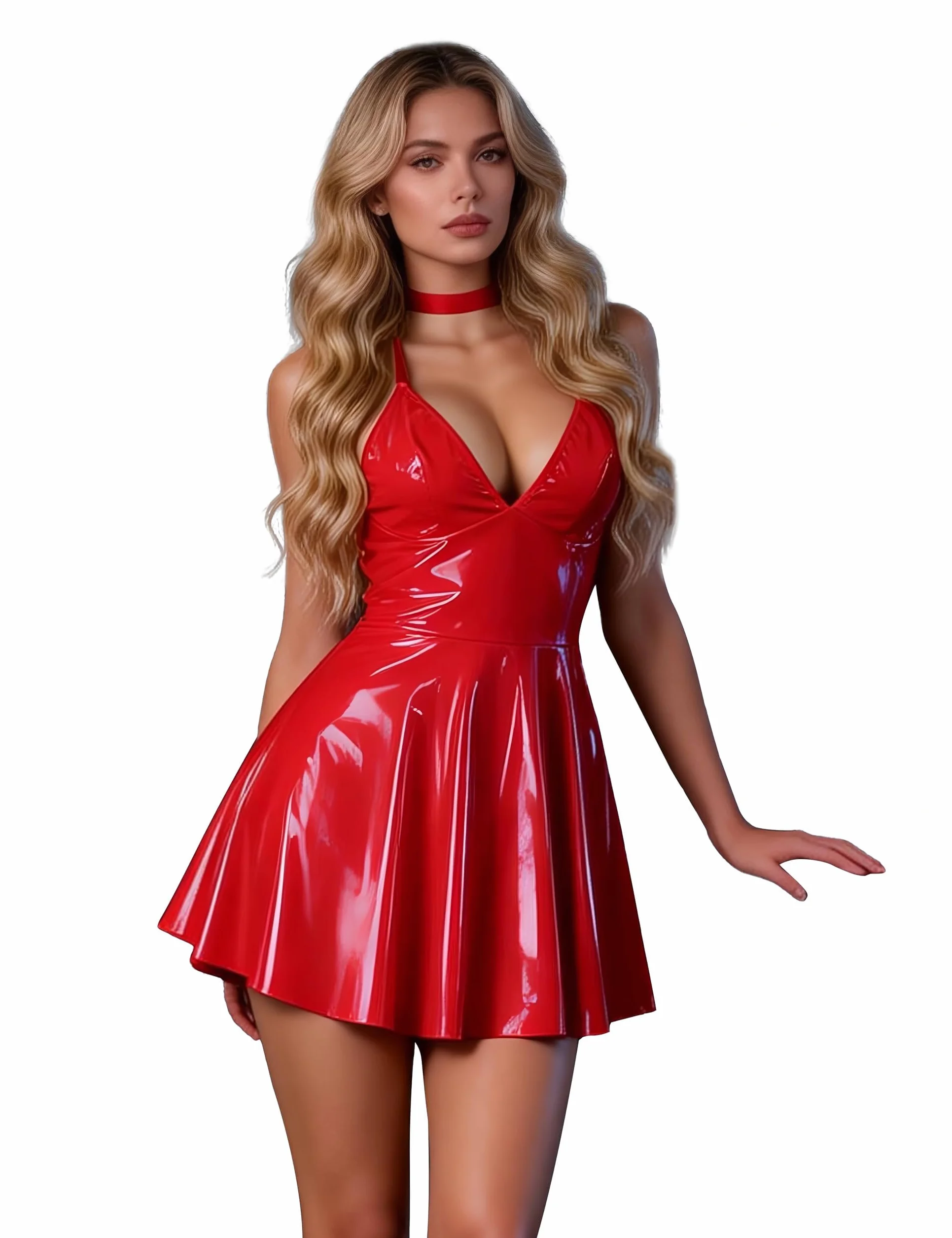 Robe Sexy Femme Simili Cuir Mini Robe Grande Taille Dress Babydoll Armature Ensemble Lingerie avec Collier Tulle Chemise Col V Clubwear Vêtements de Nuit Babydolls