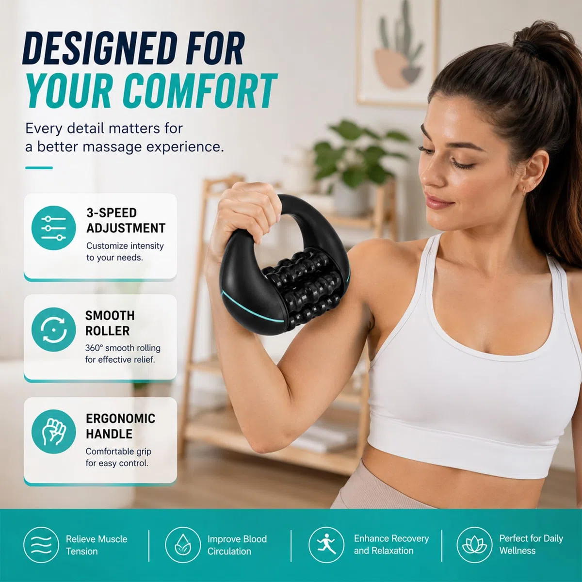 Masseur électrique à main avec rouleaux, 8 vitesses, massage en profondeur rechargeable pour le dos, les épaules et les jambes, rouleau de fascia électrique avec 6 têtes de massage pivotantes (A-3