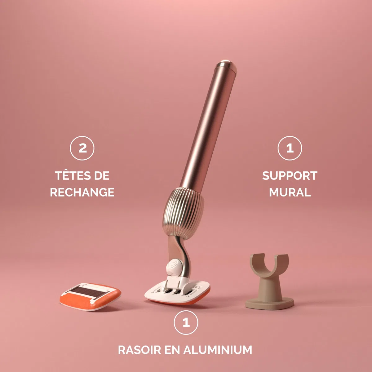 Fler The Razor Starter Set - Rasoir pour Femme avec Têtes Interchangeables, Rasoir avec Support et 2 Lames de Rechange, Rasoirs Unisexes, Lame avec Aloe Vera, Vitamine E (Rose)