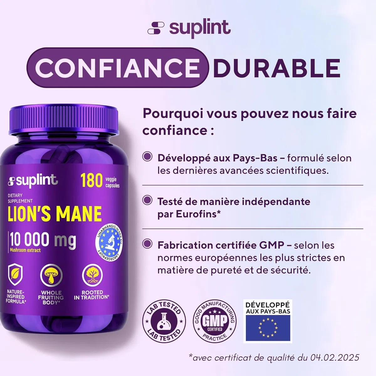 Lion's Mane - 10 000 mg - Gélules de crinière de lion – Extrait de champignon Hericium Erinaceus 10:1 – Naturel et sans OGM (180 capsules)