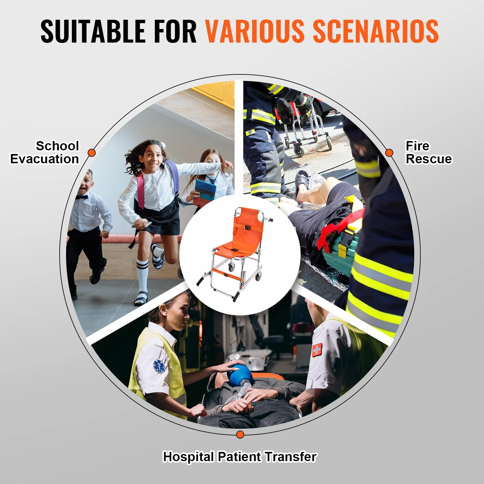 VEVOR Chaise d'Évacuation d'Escalier 158 kg Chaise Portoir d'Ambulance avec 2 Roues Fauteuil Roulant de Transfert Médical Transport Urgence Portable Pliable pour Personnes Âgées, Handicapées, Pompier