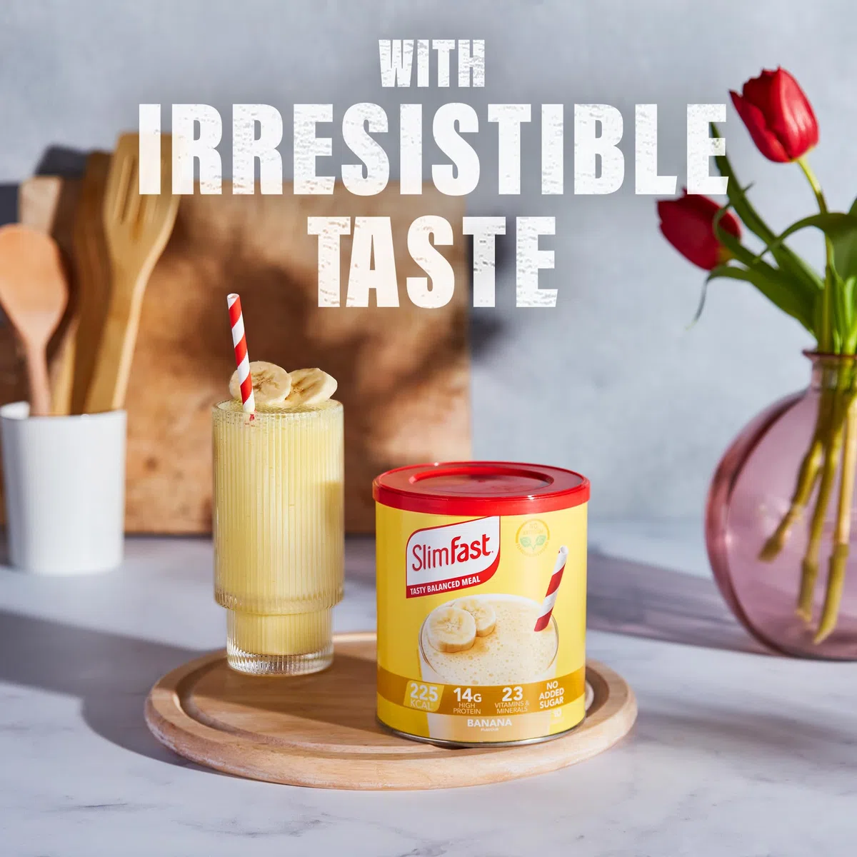 SlimFast Substitut de repas pour perte de poids et alimentation équilibrée, vitamines et minéraux, faible teneur en calories, riche en protéines, saveur banane, 16 portions, 584 g, l'emballage peut