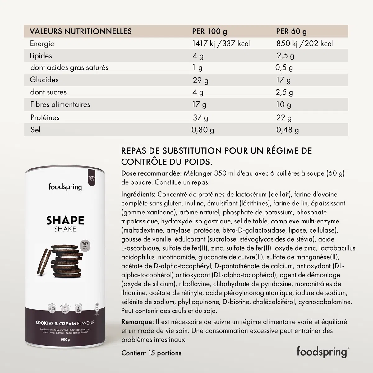 foodspring Shape Shake Cookies & Cream - Substitut de repas complet pour le contrôle du poids avec des protéines de qualité supérieure, 202 kcal par portion, sans gluten - nouvelle recette (900g)