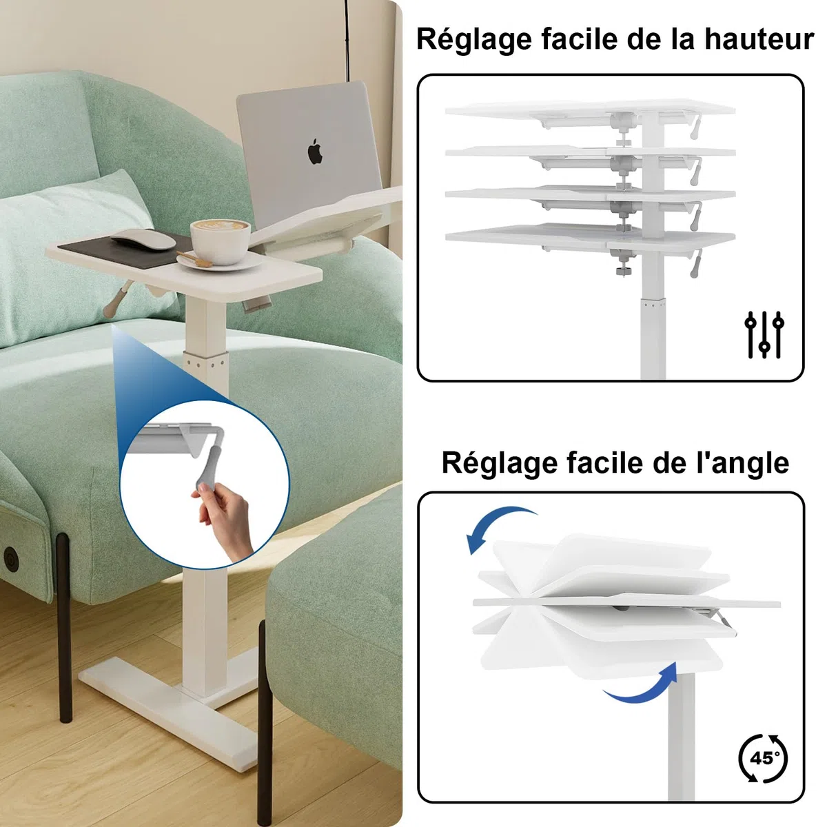 PUNCIA Table de Lit avec 4 Roues Cachées 68x40CM Bureau Debout (Blanc) | Mobile Médical Table d'Appoint Hopital Réglable en Hauteur 70-102cm pour Ordinateur Portable pour Chambre Salon Canapé