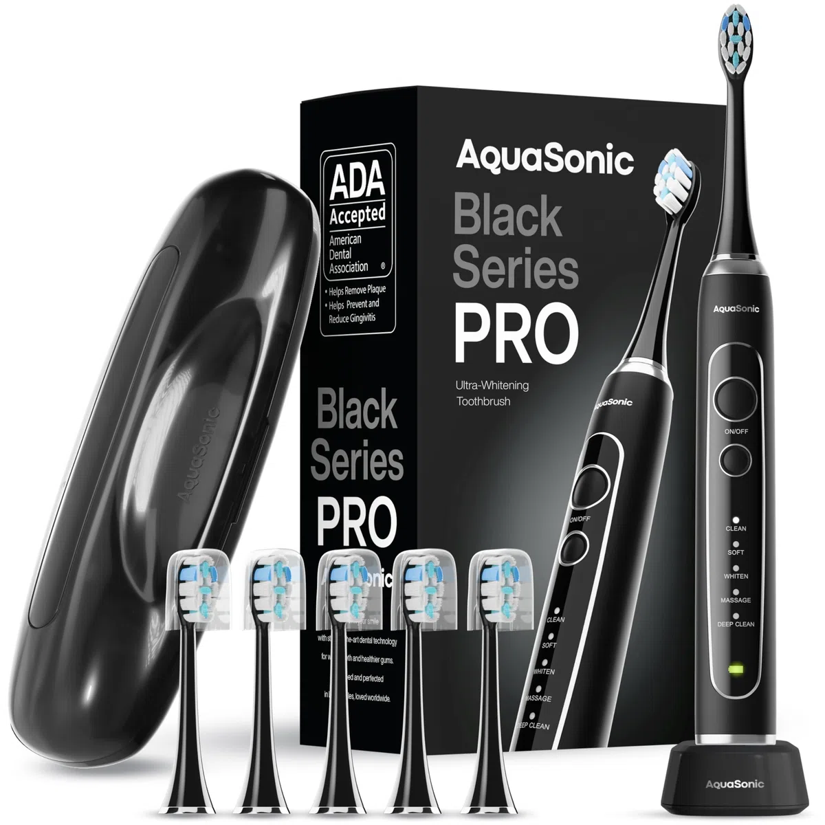 Aquasonic Black Series PRO – Brosse à dents électrique ultra-blanchissante – 5 modes et minuteurs intelligents – Étui de voyage premium et 6 têtes de brosse Proflex – Brosse à dents acceptée par ADA
