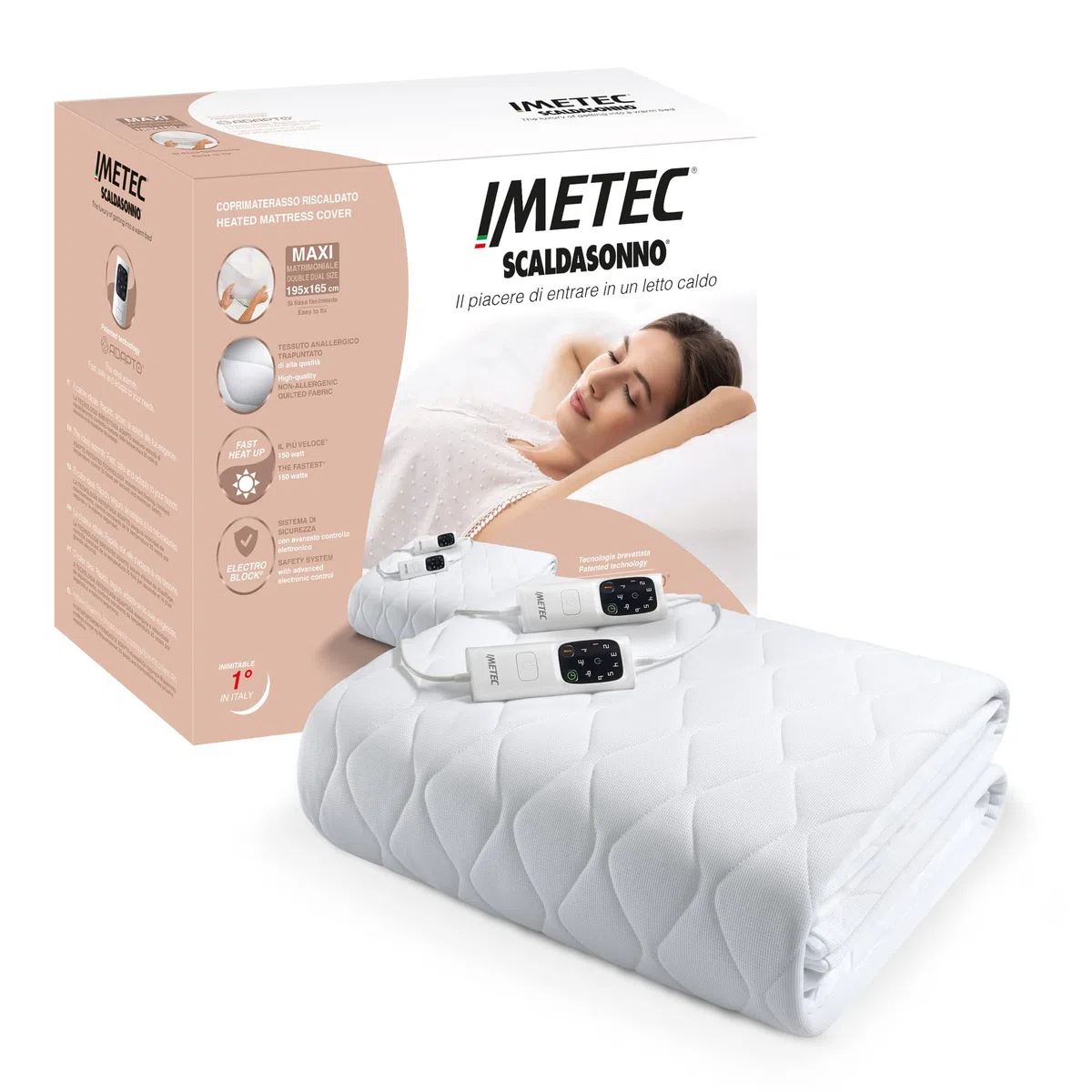 Imetec Surmatelas Chauffant 2 Places Adapto Maxi, 195x165 cm - 6 Températures, Tissu Matelassé Hypoallergénique, Chauffage Rapide, Température Constante, Personnalisée