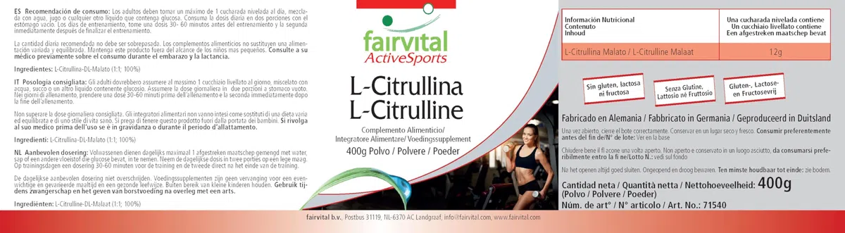 fairvital L-citrulline malate en poudre, 400 g, HAUTEMENT DOSÉE, L-citrulline DL-malate, 100% pure sans additifs