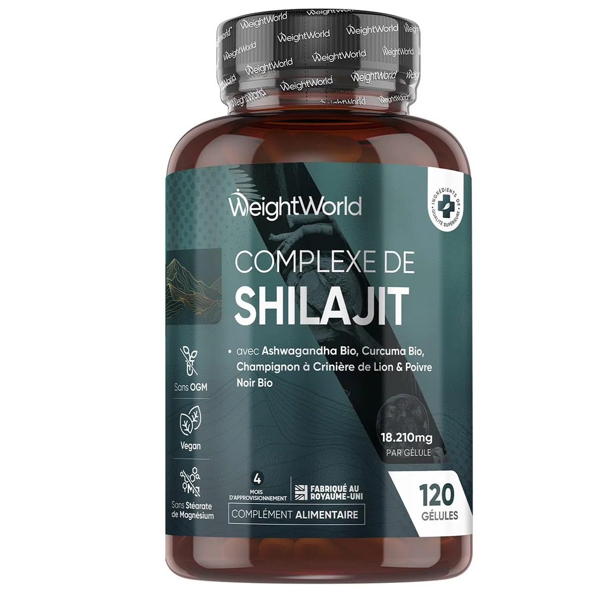 Shilajit Gelules 18210mg, Shilajit Himalaya Complexe 120 Gélules Vegan, Ashwagandha Bio, Curcuma Bio, Champignon Crinière de Lion et Poivre Noir, Riche en Acide Fulvique, Acide Humique et Minéraux