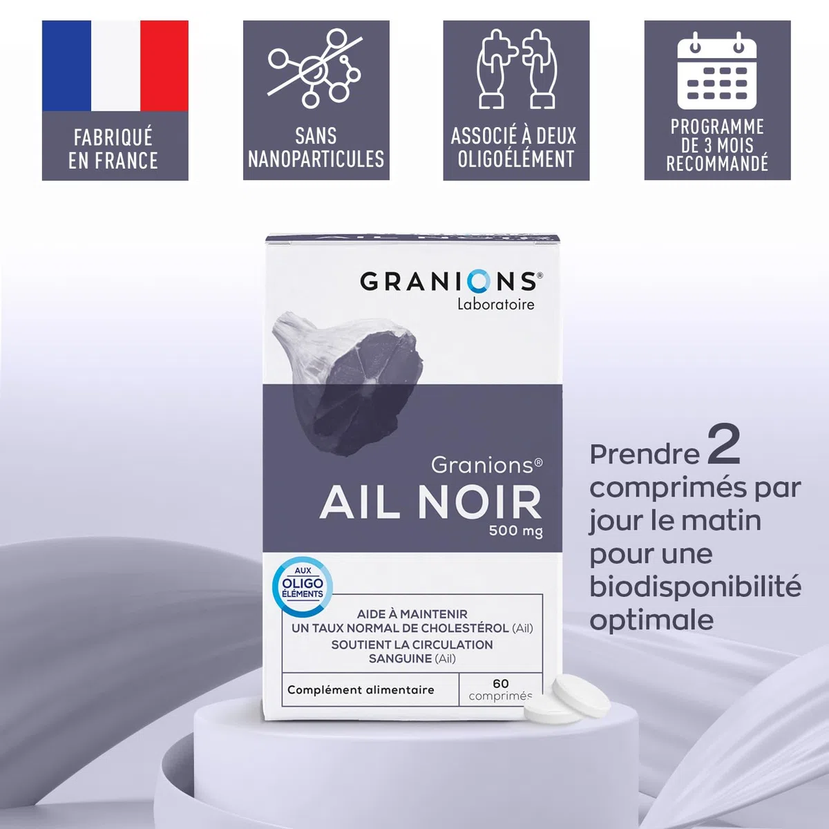 Ail Noir fermenté GRANIONS | Complement Alimentaire cholestérol | Riche en Ail noir fermenté 500 mg avec Selenium + Chrome | Anti cholesterol naturel | Made in France | 60 comprimés