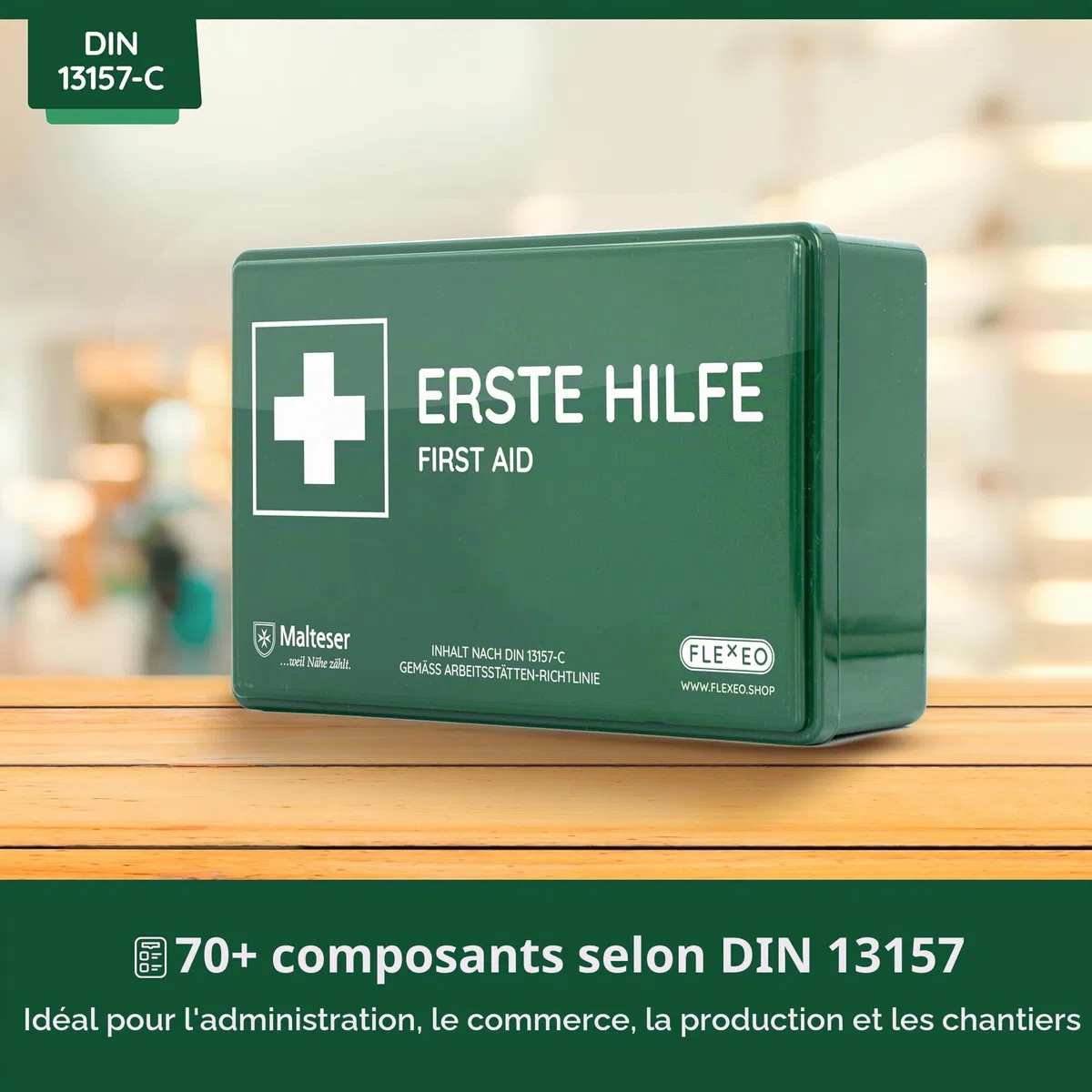 FLEXEO boîte de secours selon la norme DIN 13157:2021, avec support mural/montage mural, trousse de premiers secours d'entreprise/mallette de premiers soins pour entreprises, bureaux chantiers (Vert)