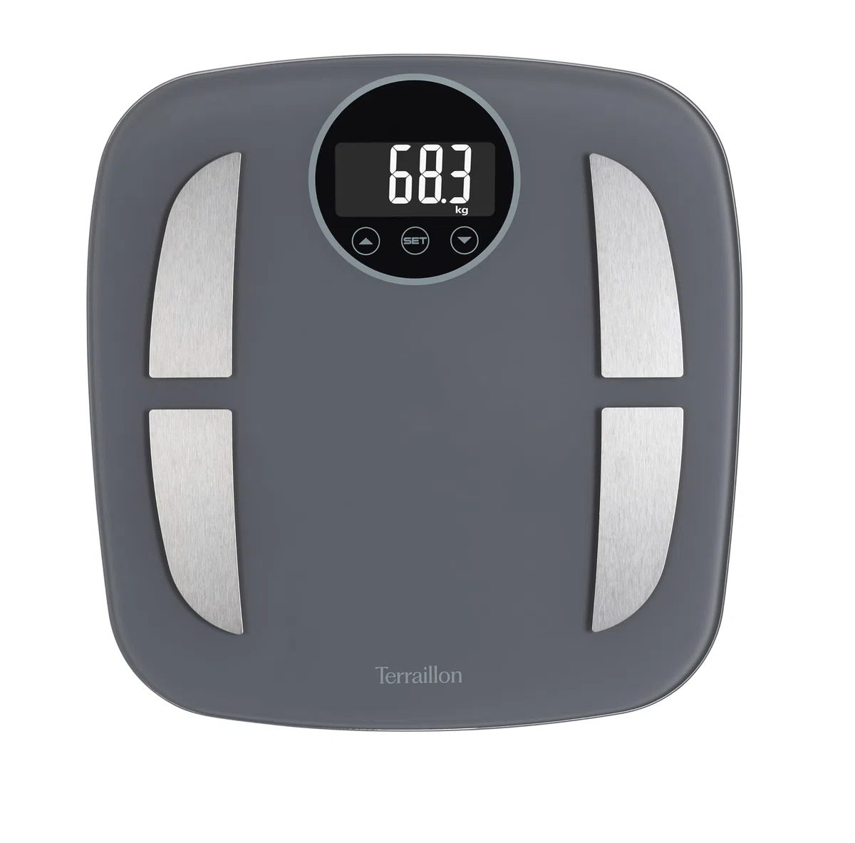 TERRAILLON - POWER FIT- Pèse personne électronique, Impédancemètre, Analyse des masses graisseuse, musculaire, hydrique, osseuse IMC, Gran écran rétro-éclairé, Capacité 160 kg, Plateau verre, Gris