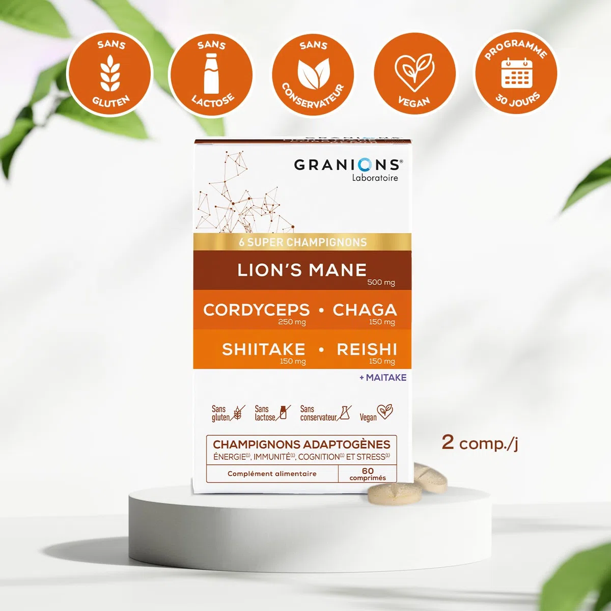 GRANIONS – Complexe Super Champignons Adaptogenes – LIONS MANE + CHAMPIGNONS CORDYCEPS + reishi + chaga + shiitake + maitake – energie immunite cognition stress – vegan 60 comprimes – 1 MOIS