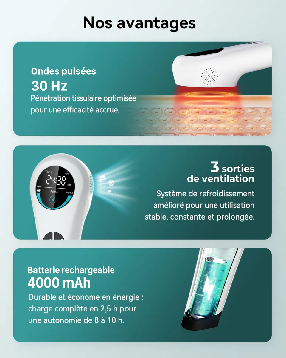 Appareil de lumière rouge froide, Dispositif de thérapie laser à froid, 4000 mAh, 4×808 nm+14×650 nm, 5 modes, 6 minuteries, pour soins musculaires et articulaires, humains et animaux