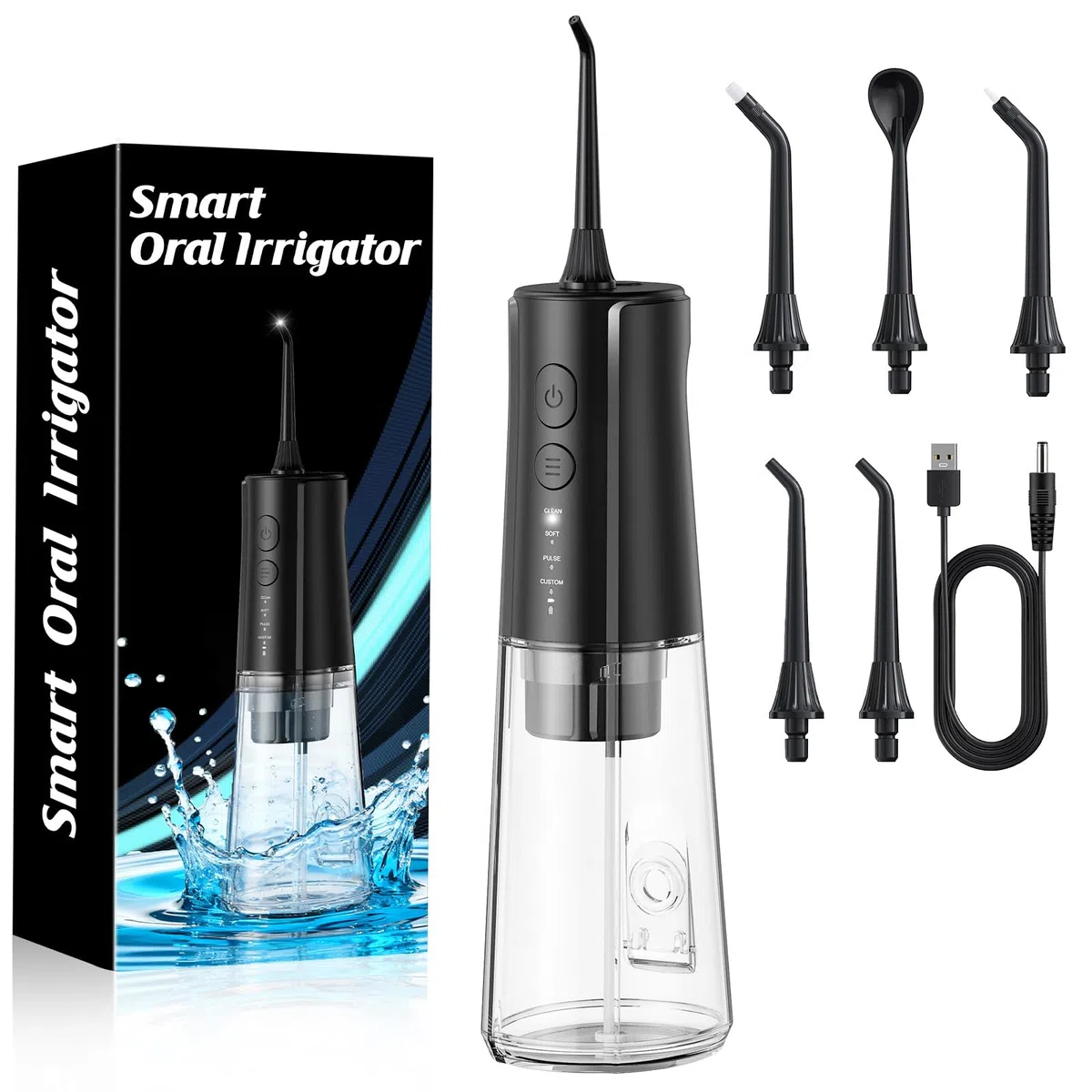 Jet Dentaire Hydropulseur Portable DIY, Hydropulseurs et Irrigateurs 5 Modes et 3 Intensités, Réservoir 300ML et Base Amovible, USB Chargé, Étanche IPX7, Sans BPA, Silencieux (Noir-01)