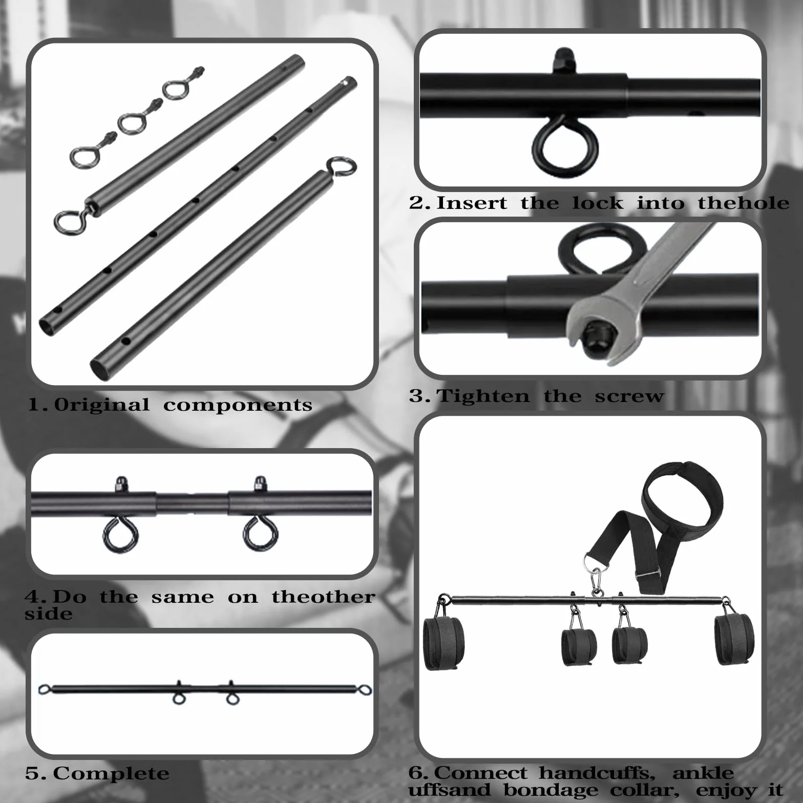 Kit Bondage BDSM – Barre d'Écartement Réglable avec Collier et Menottes – Ensemble de Fessée pour Poignets, Cou et Chevilles – Pour Femmes, Hommes et Couples