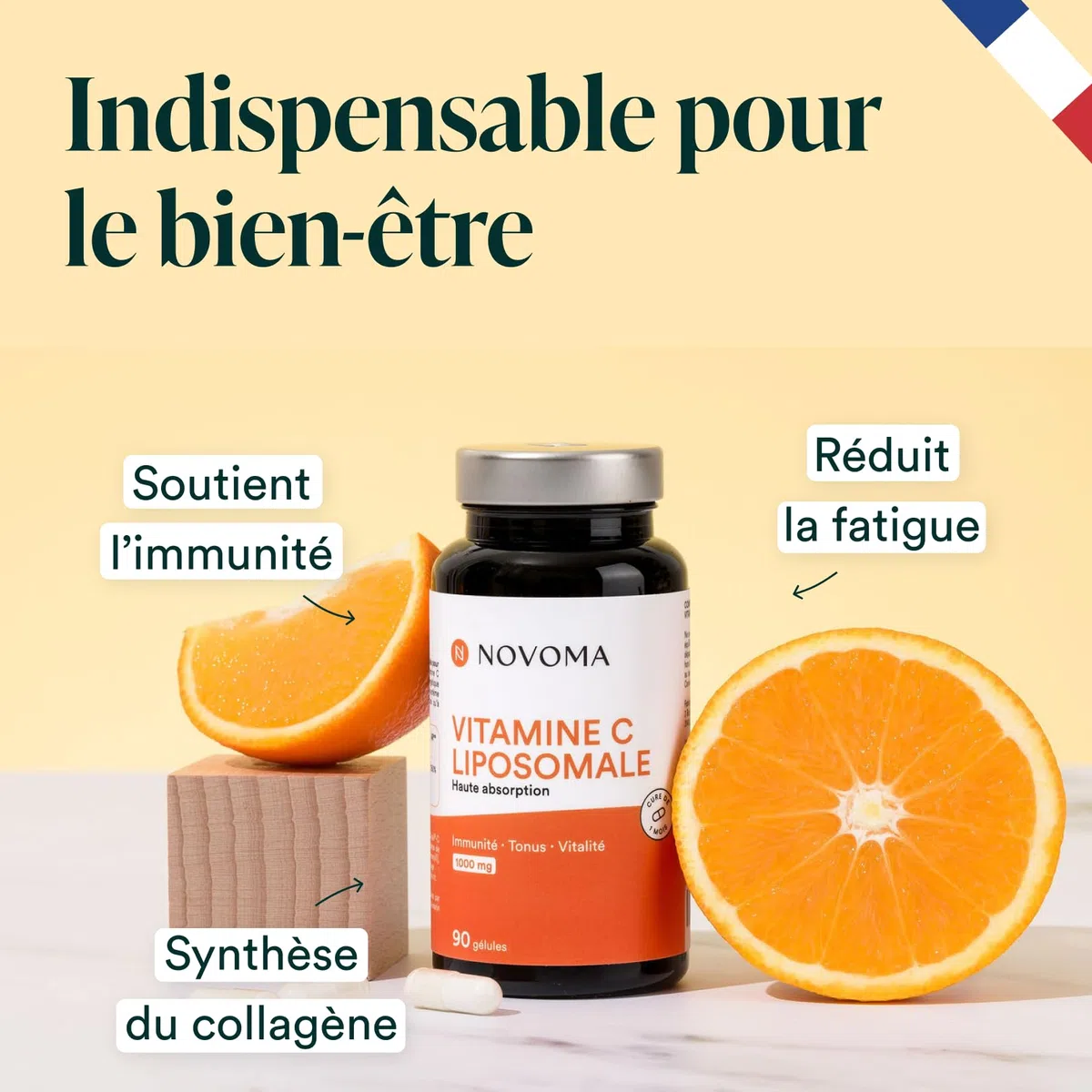 NOVOMA Vitamine C liposomale 1000mg, Assimilation Maximale, 90 gélules végétales, 100% Vitamin Quali®-C, Système Immunitaire & Énergie Naturelle, Cure de 1 mois, Fabriqué en France